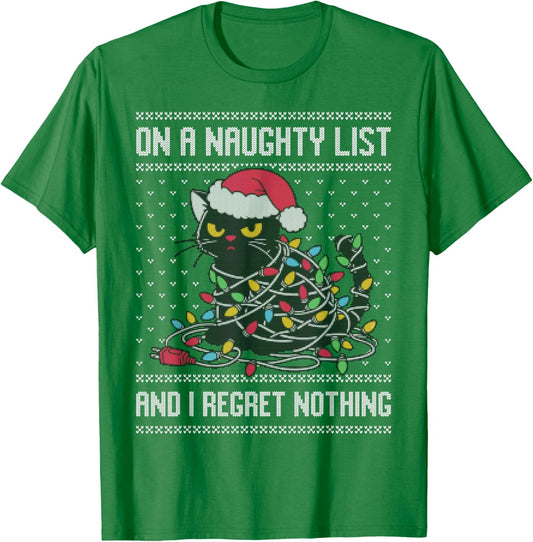 On a naughty list and I regret nothing, cat Christmas lights T-Shirt - T-Shirt | Irish Green