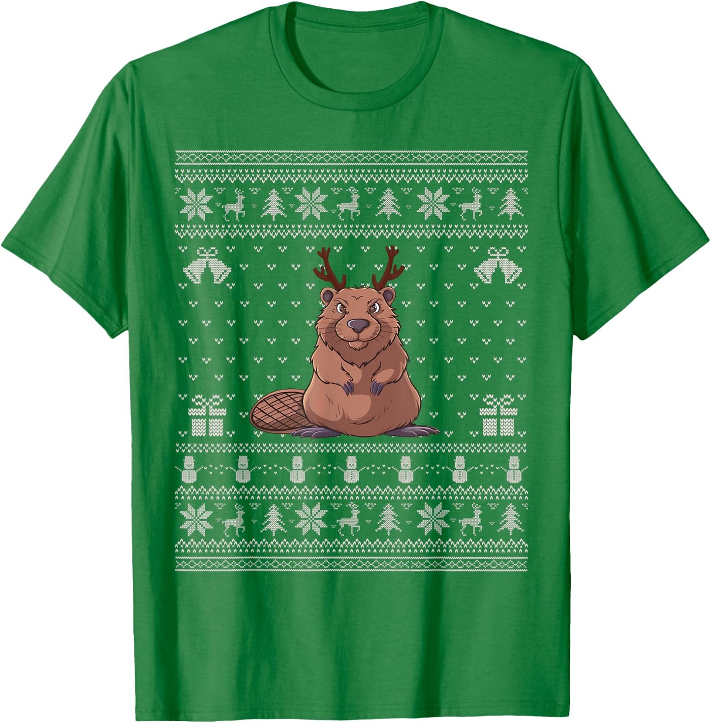 Ugly Xmas Sweater Style Beaver Reindeer Christmas T-Shirt - T-Shirt | Irish Green