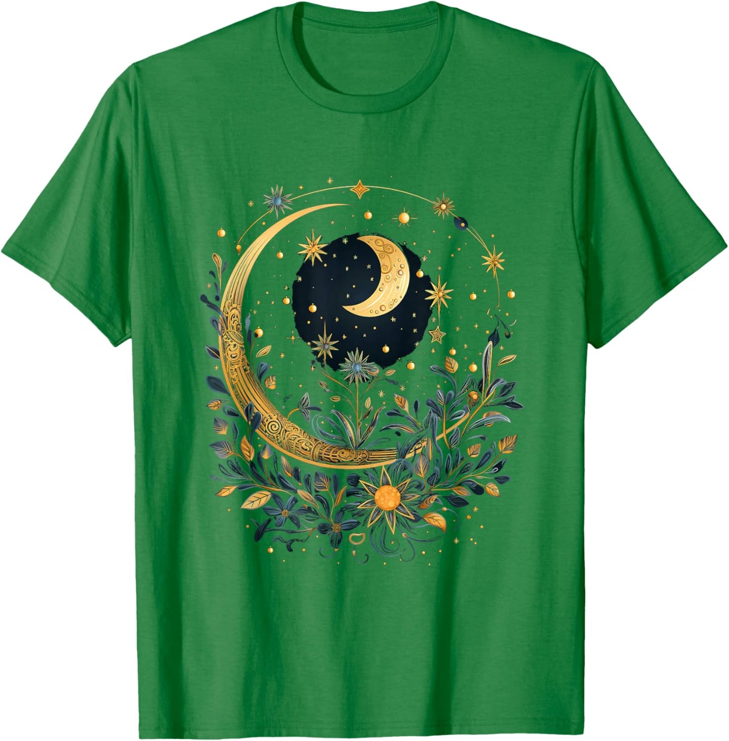 Mystical Sun and Moon with Woman Mystical Flowers Aesthetic T-Shirt - T-Shirt | Irish Green