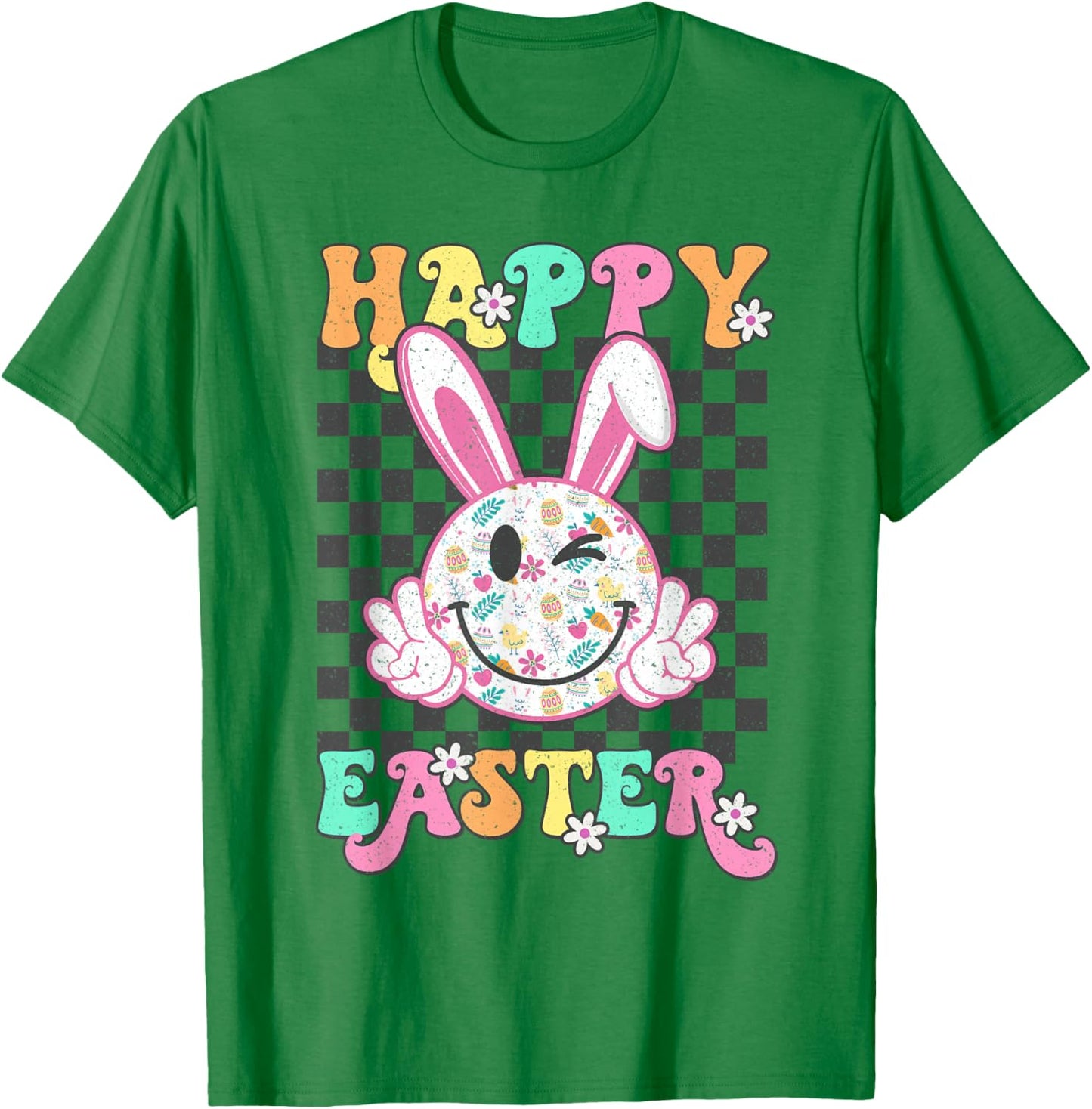 Retro Groovy Happy Easter Bunny Checkered Smile Girls T-Shirt - T-Shirt | Irish Green