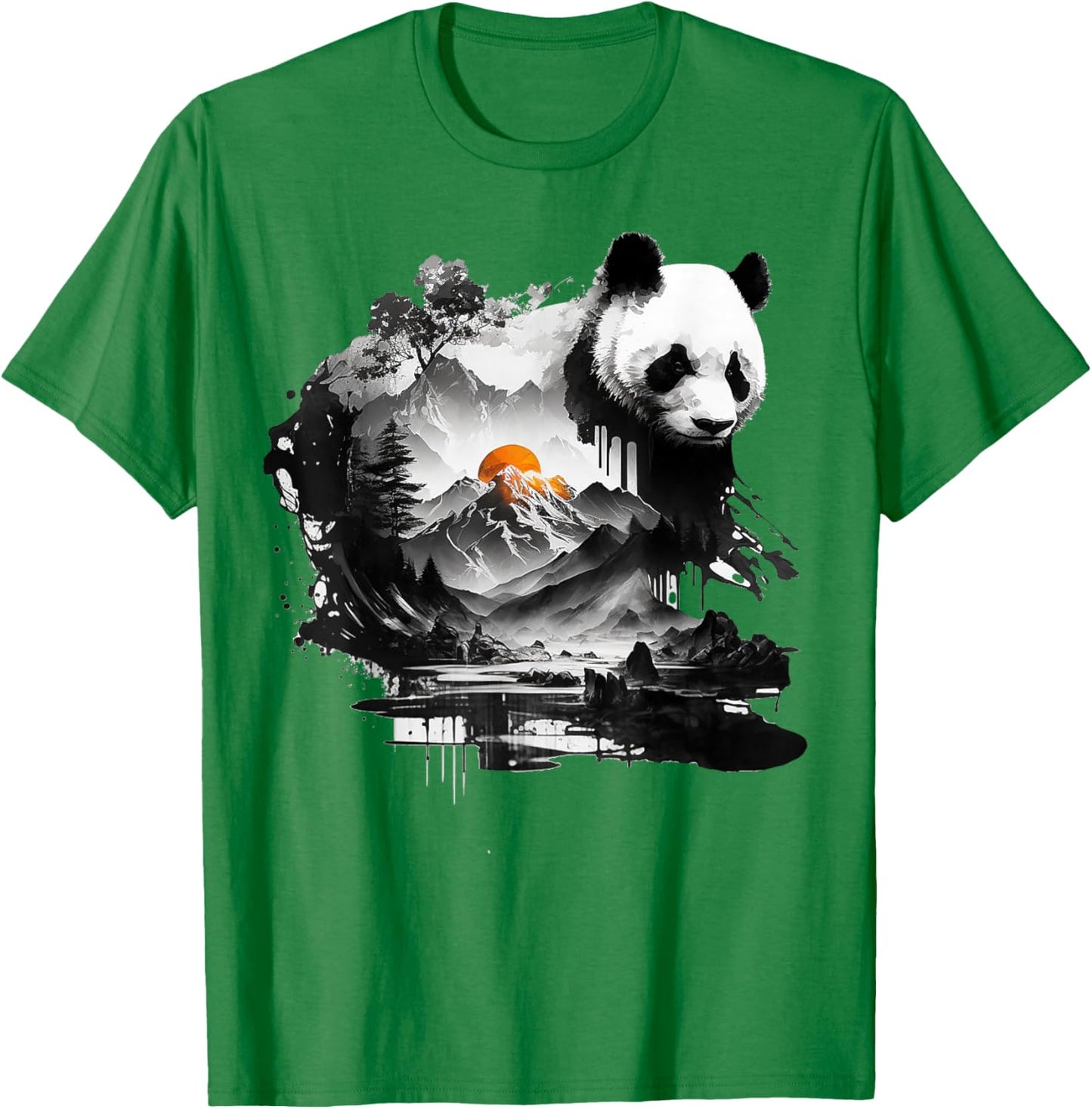 Panda Landscape Sun Animal Print Art Panda T-Shirt - T-Shirt | Irish Green