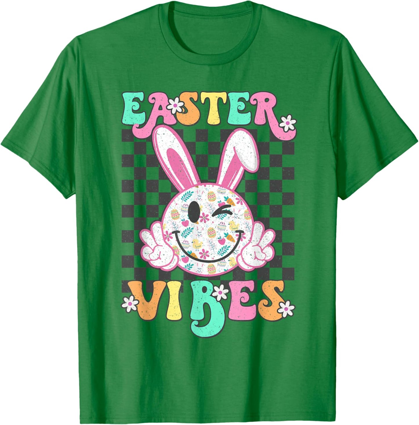 Retro Groovy Easter Vibes Bunny Checkered Smile Girls T-Shirt - T-Shirt | Irish Green