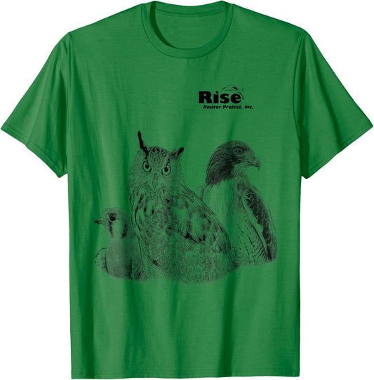 Rise Raptor Project Owl, Red Tailed Hawk, American Kestrel T-Shirt - T-Shirt | Irish Green