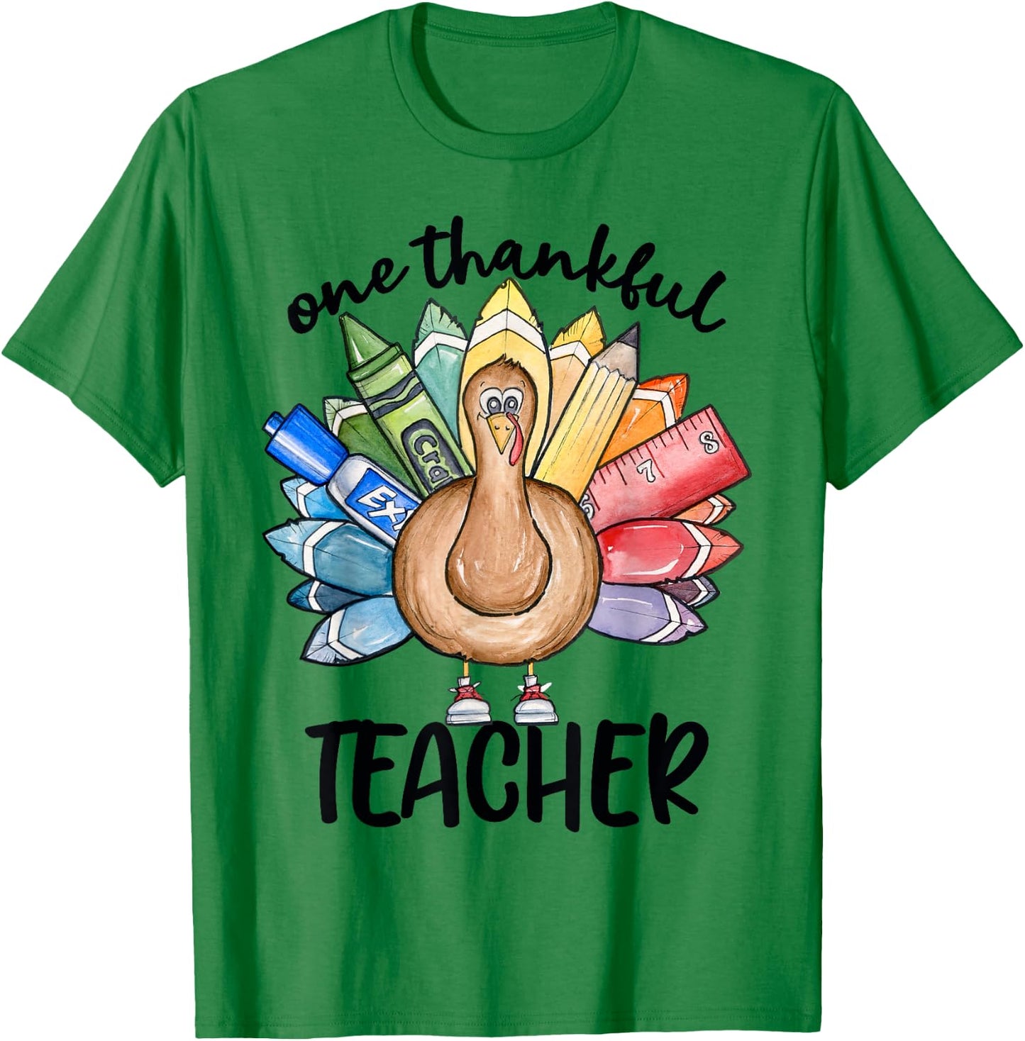 One Thankful Teacher Thanksgiving Turkey, Cute Crayon Pencil Women T-Shirt - T-Shirt | Irish Green