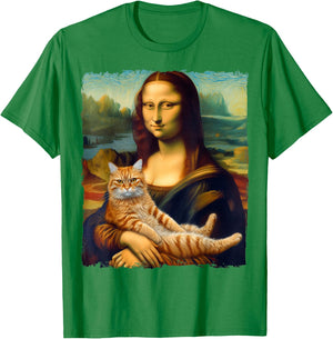 Mona Lisa Holding Cat Portrait Art Painting Kitty Cat Mom T-Shirt - T-Shirt | Irish Green