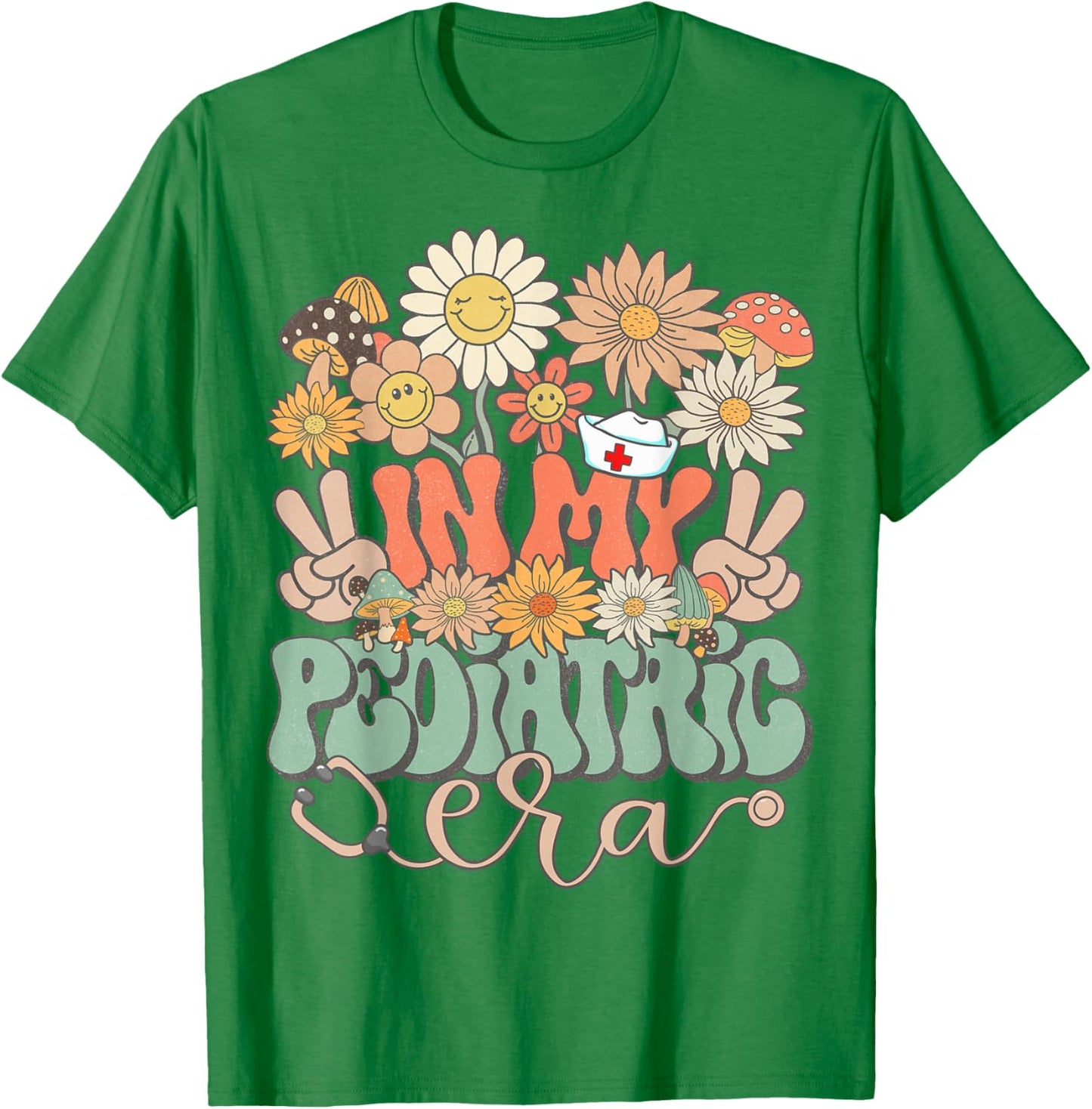 Matching Nurse In My Pediatric Era Floral Hippie Groovy T-Shirt - T-Shirt | Irish Green