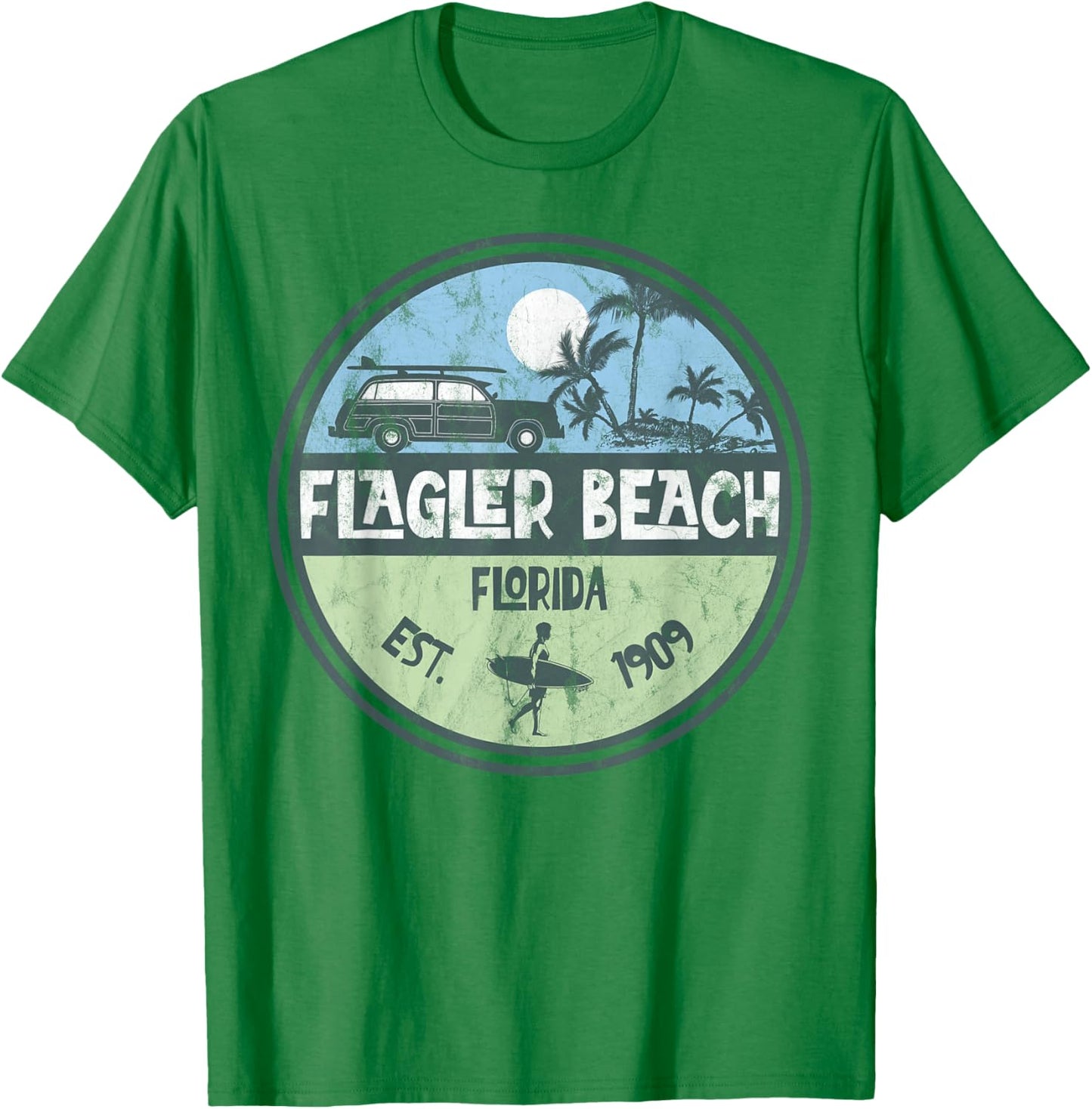 Flagler Beach Florida Wagon Beach Palms Surfer Vintage Women Kids T-Shirt - T-Shirt | Irish Green