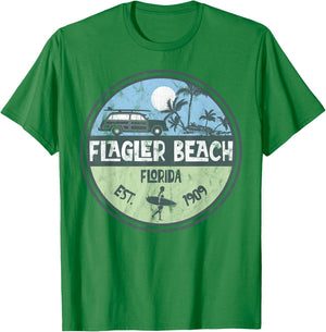 Flagler Beach Florida Wagon Beach Palms Surfer Vintage Women Kids T-Shirt - T-Shirt | Irish Green