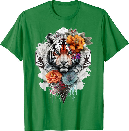 Tiger Flowers Blue Eyes Animal Print Art Tiger T-Shirt - T-Shirt | Irish Green