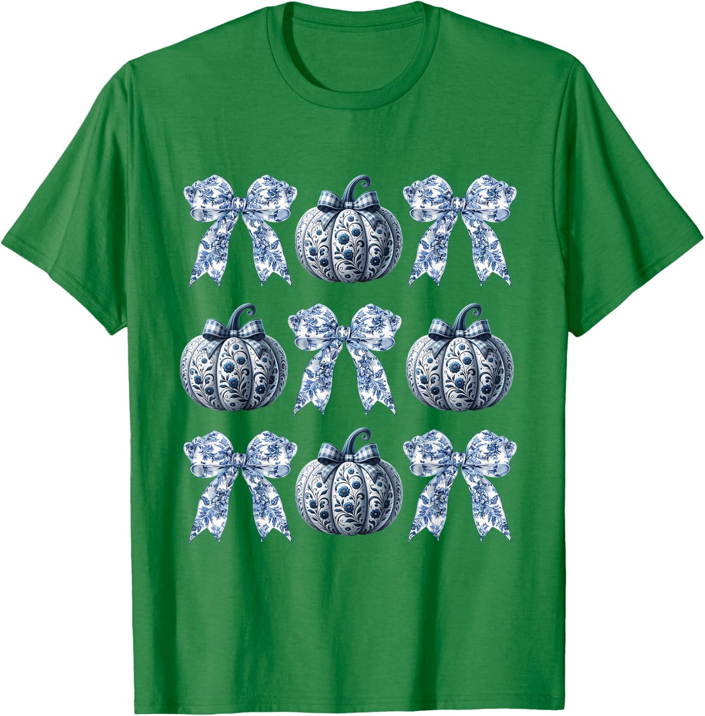 Blue and White Pumpkins Chinoiserie With Bow Fall Halloween T-Shirt - T-Shirt | Irish Green