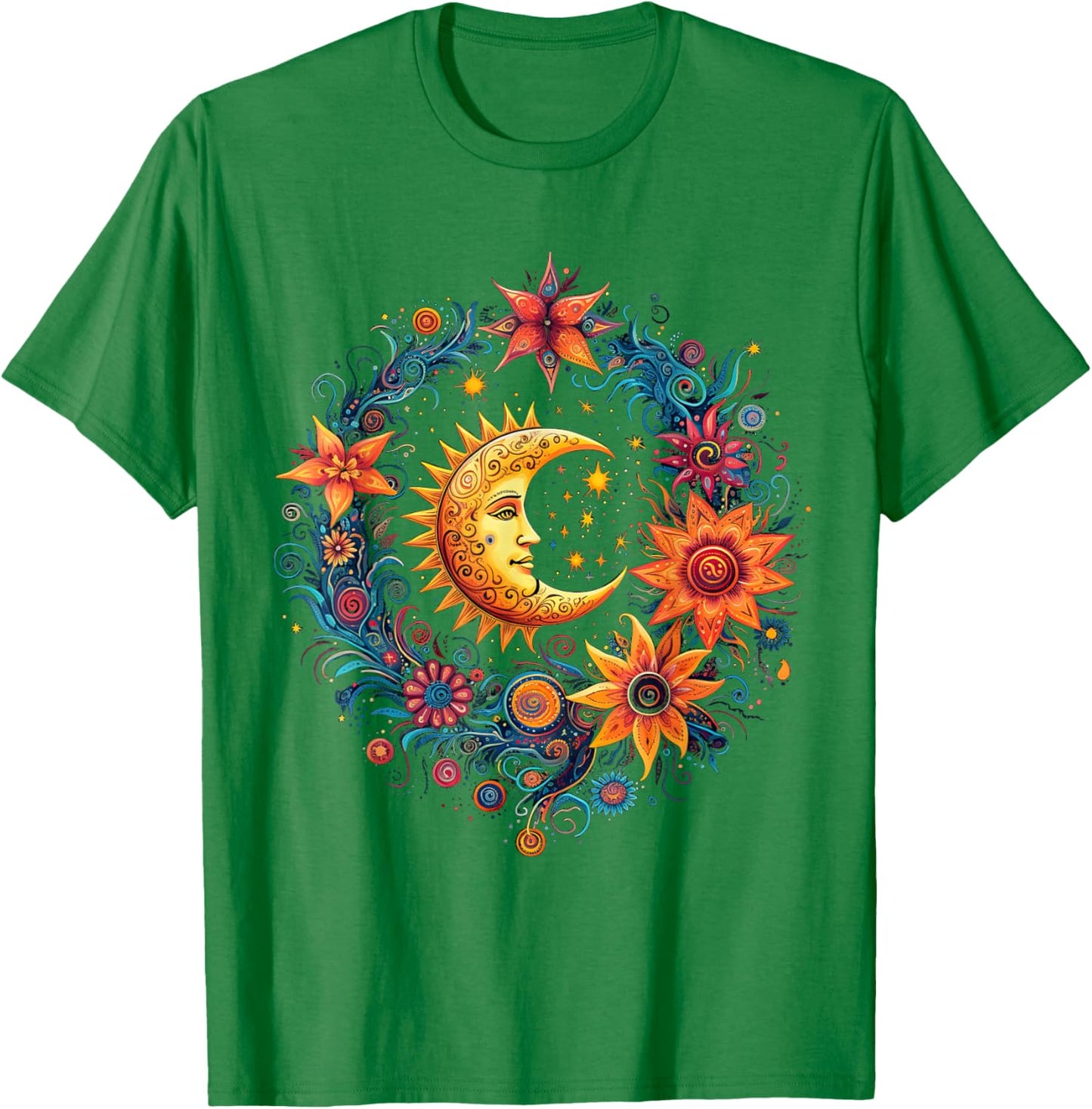 Mystical Sun and Moon with Woman Mystical Flowers Aesthetic T-Shirt - T-Shirt | Irish Green
