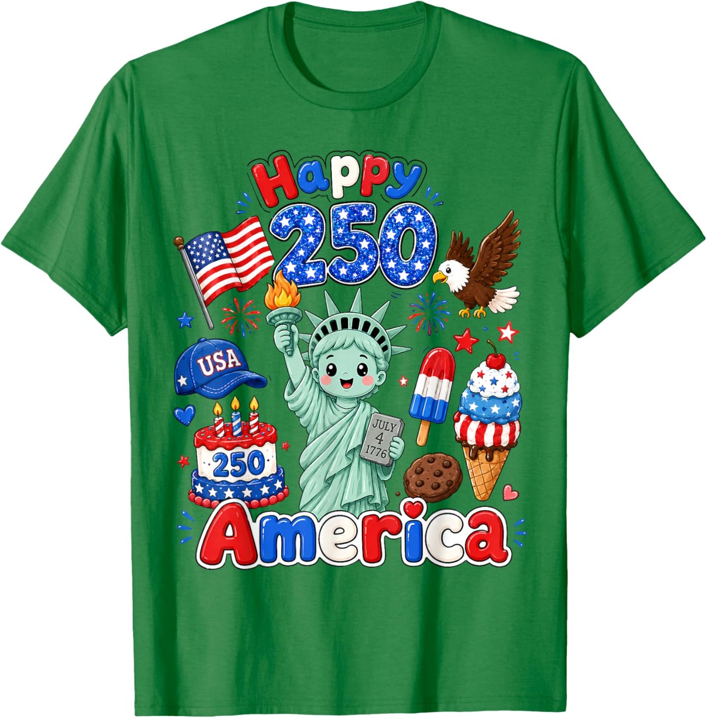 Boy Kids 4th of July Happy 250 America 1776-2026 Patriotic T-Shirt - T-Shirt | Irish Green