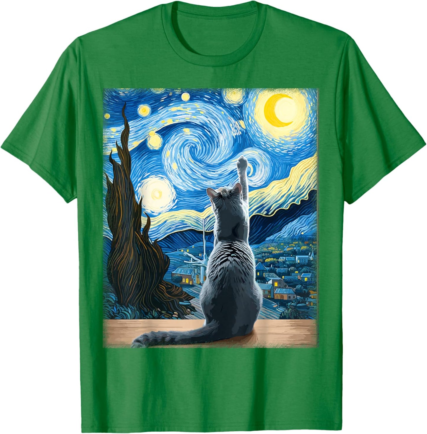 Van Gogh Starry Night Style Artistic Russian Blue Cat T-Shirt - T-Shirt | Irish Green