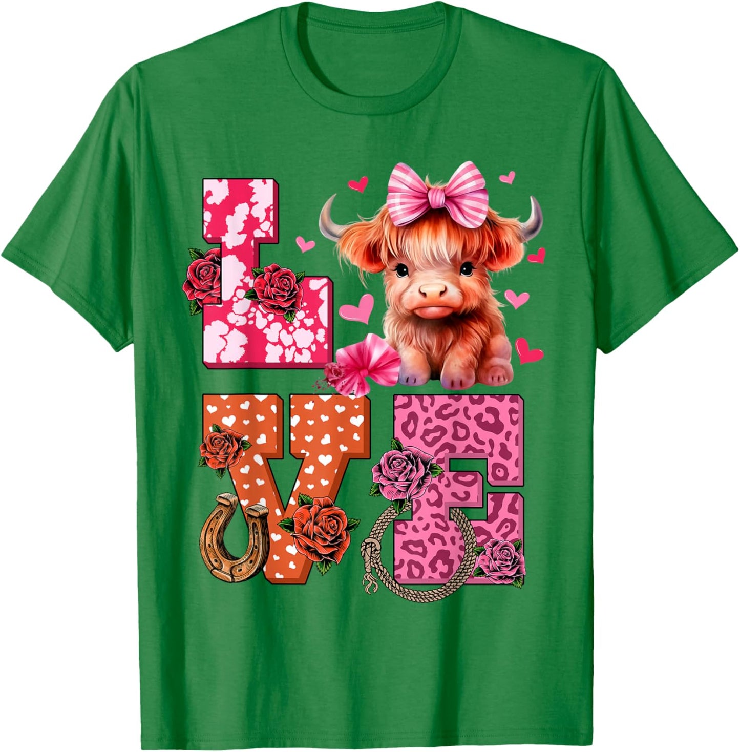 Cute Highland Cow And Pink Heart Valentines Day Love Leopard T-Shirt - T-Shirt | Irish Green