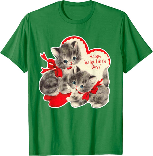 Vintage Valentine's Day Cat Kitten Kitty Retro Valentine T-Shirt - T-Shirt | Irish Green