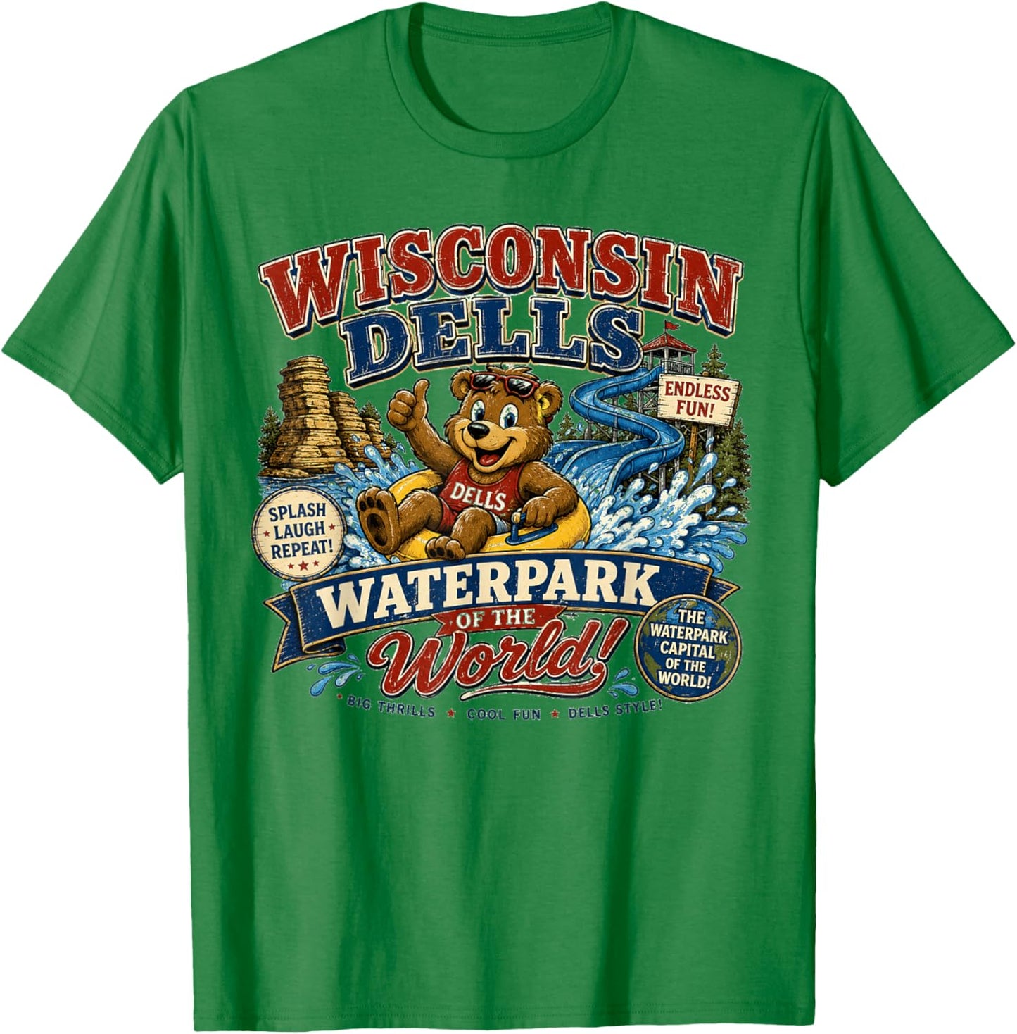 Wisconsin Dells Waterpark Capital - Vintage Bear Waterslide T-Shirt - T-Shirt | Irish Green