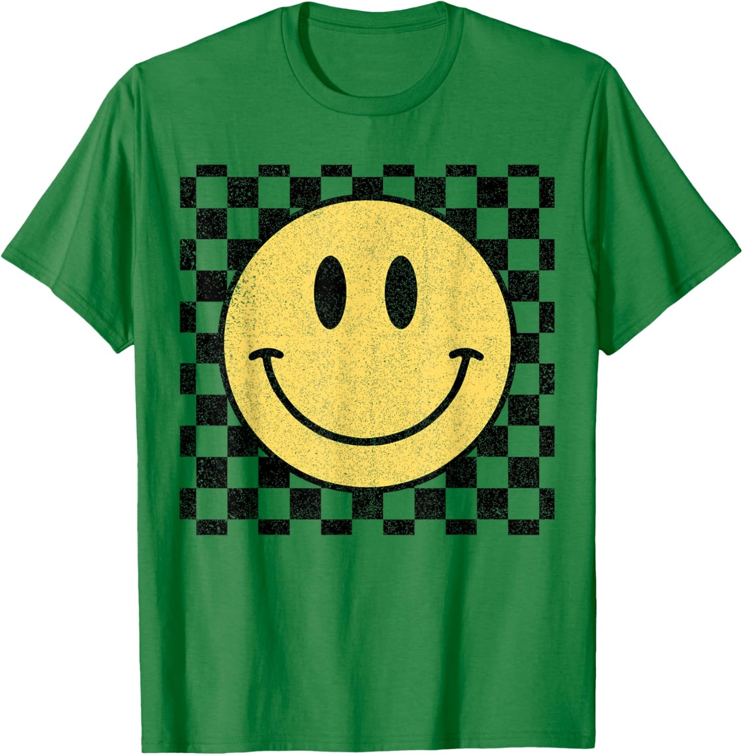 Retro Happy Face Distressed Checkered Pattern Smile Face T-Shirt - T-Shirt | Irish Green