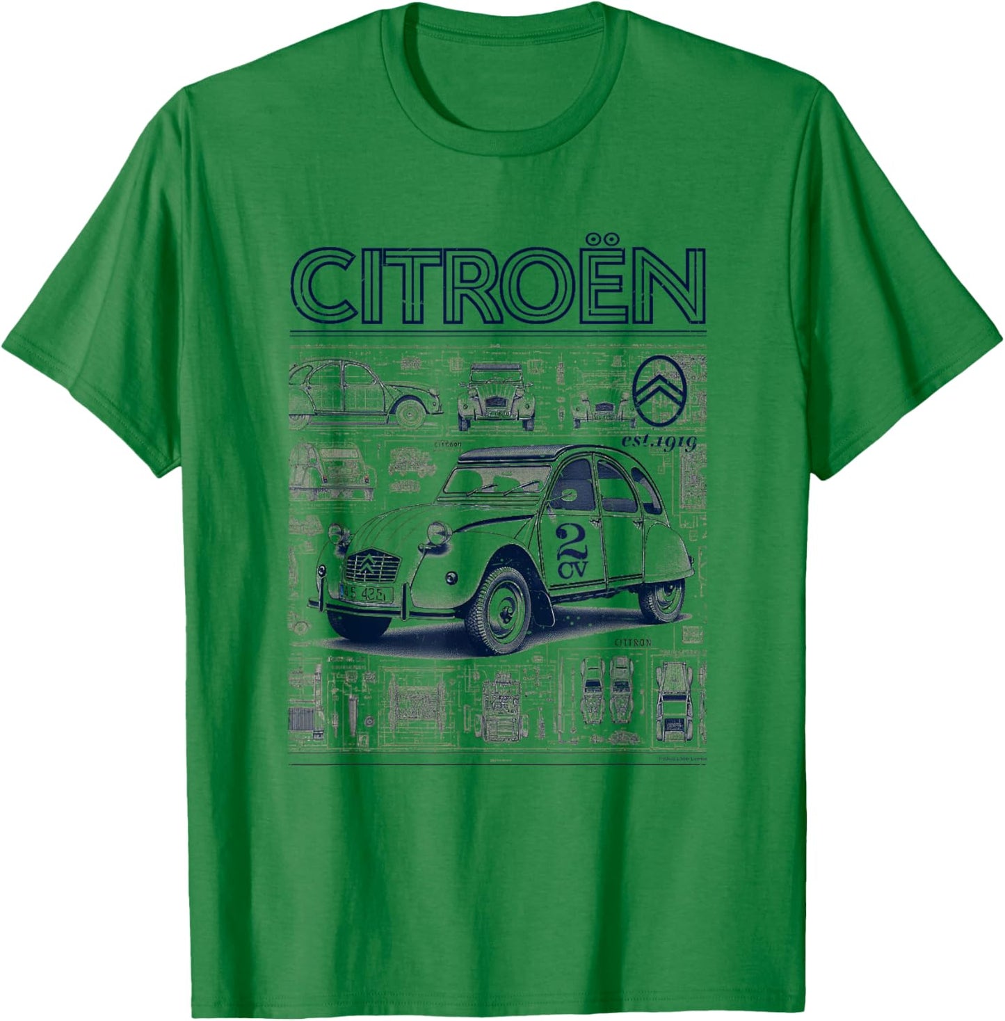 Citroën 2CV Retro Schematics Est 1919 T-Shirt - T-Shirt | Irish Green