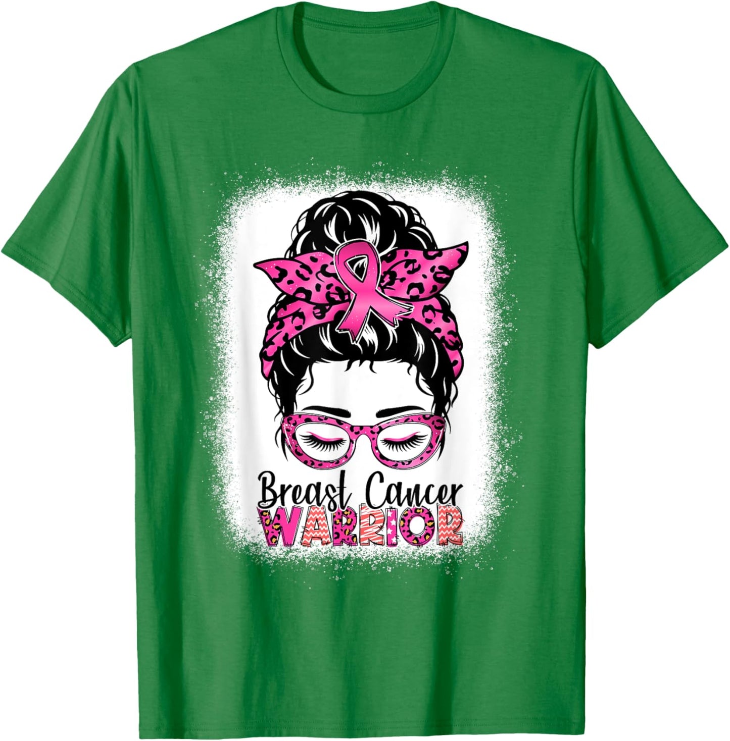 Messy Bun Wear Pink Warrior Breast Cancer Awareness Bleached T-Shirt - T-Shirt | Irish Green