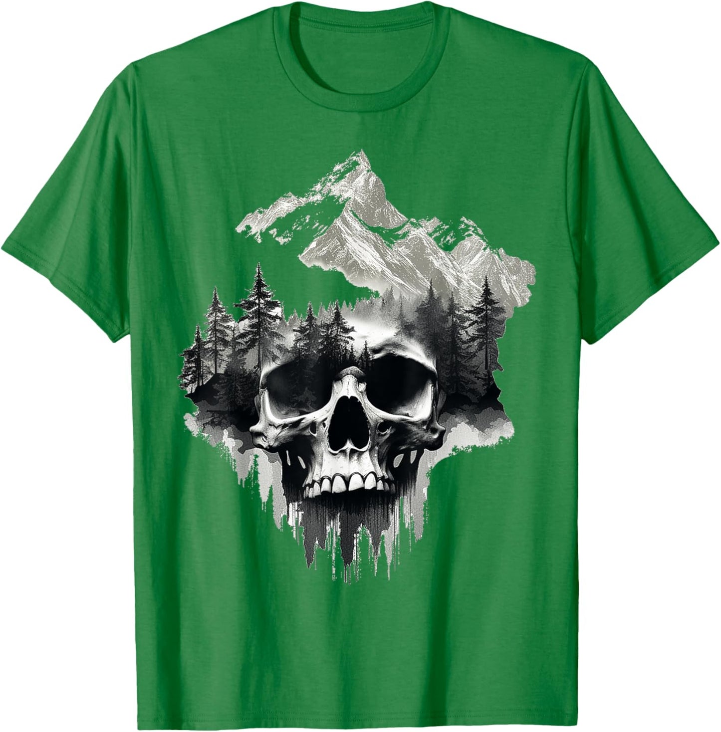Skull Drawing Nature Artwork Mountains Tree Art Skull T-Shirt - T-Shirt | Irish Green