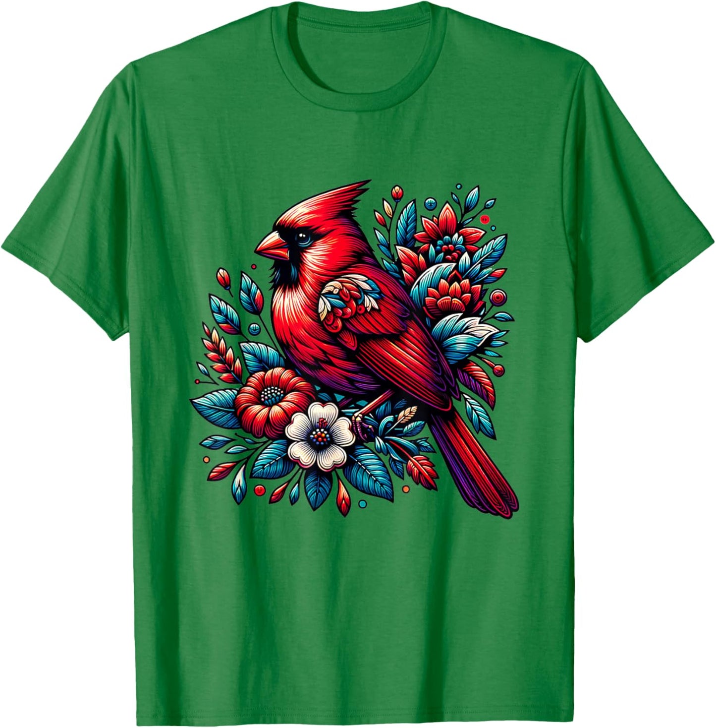 Cute Red Cardinal Bird Vintage Flowers Northern Cardinal T-Shirt - T-Shirt | Irish Green