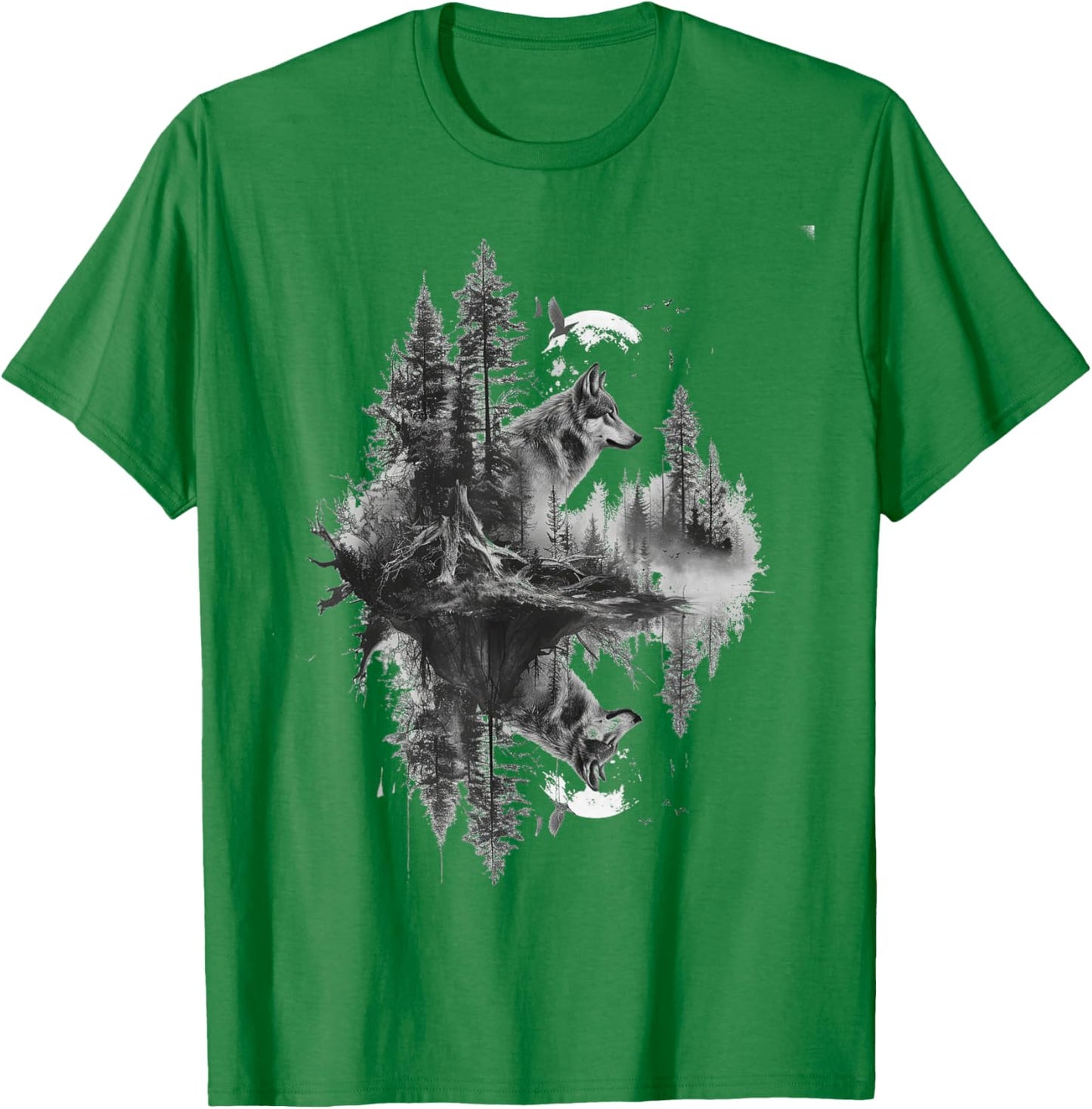 Wolf in front of moon and trees wolves wild animal T-Shirt - T-Shirt | Irish Green