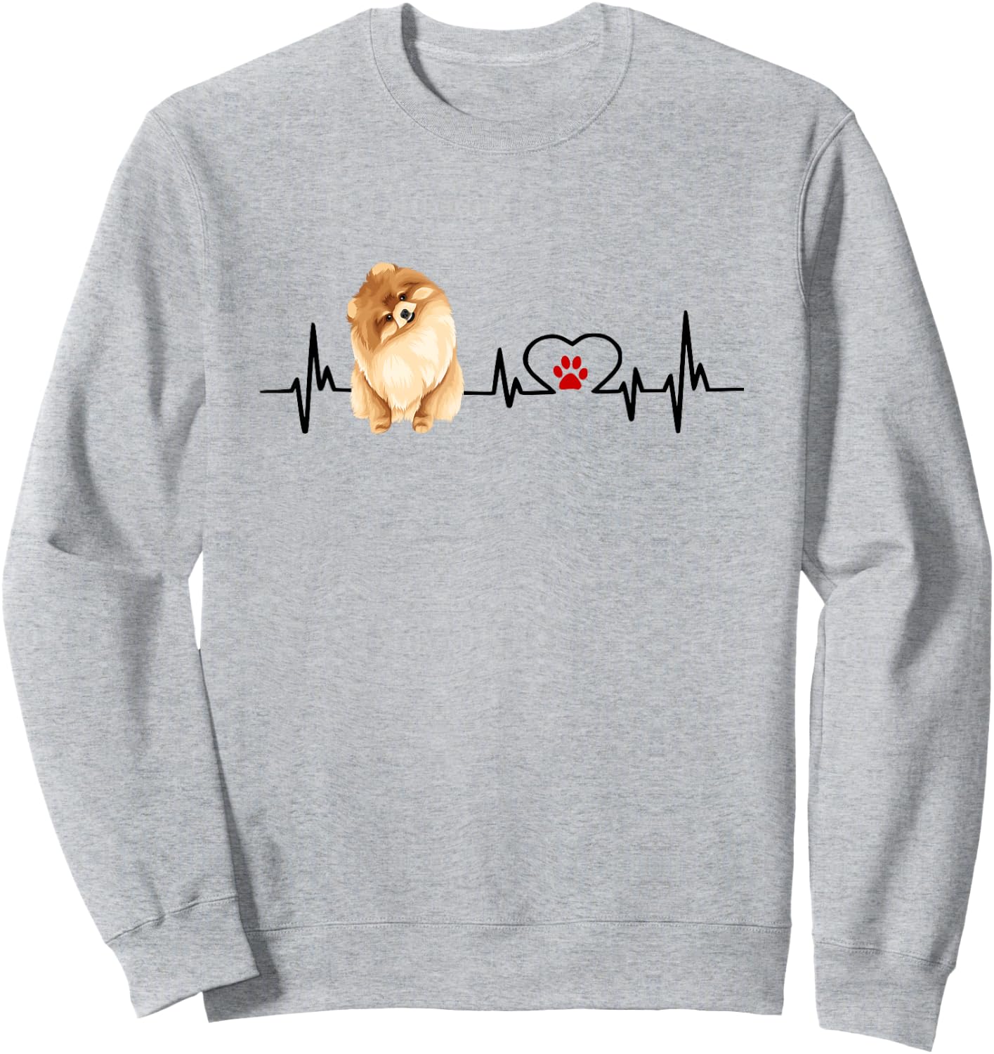 Pomeranian EKG Heartbeat Heart Line With Paw Print Sweatshirt - Sweatshirt | Ash