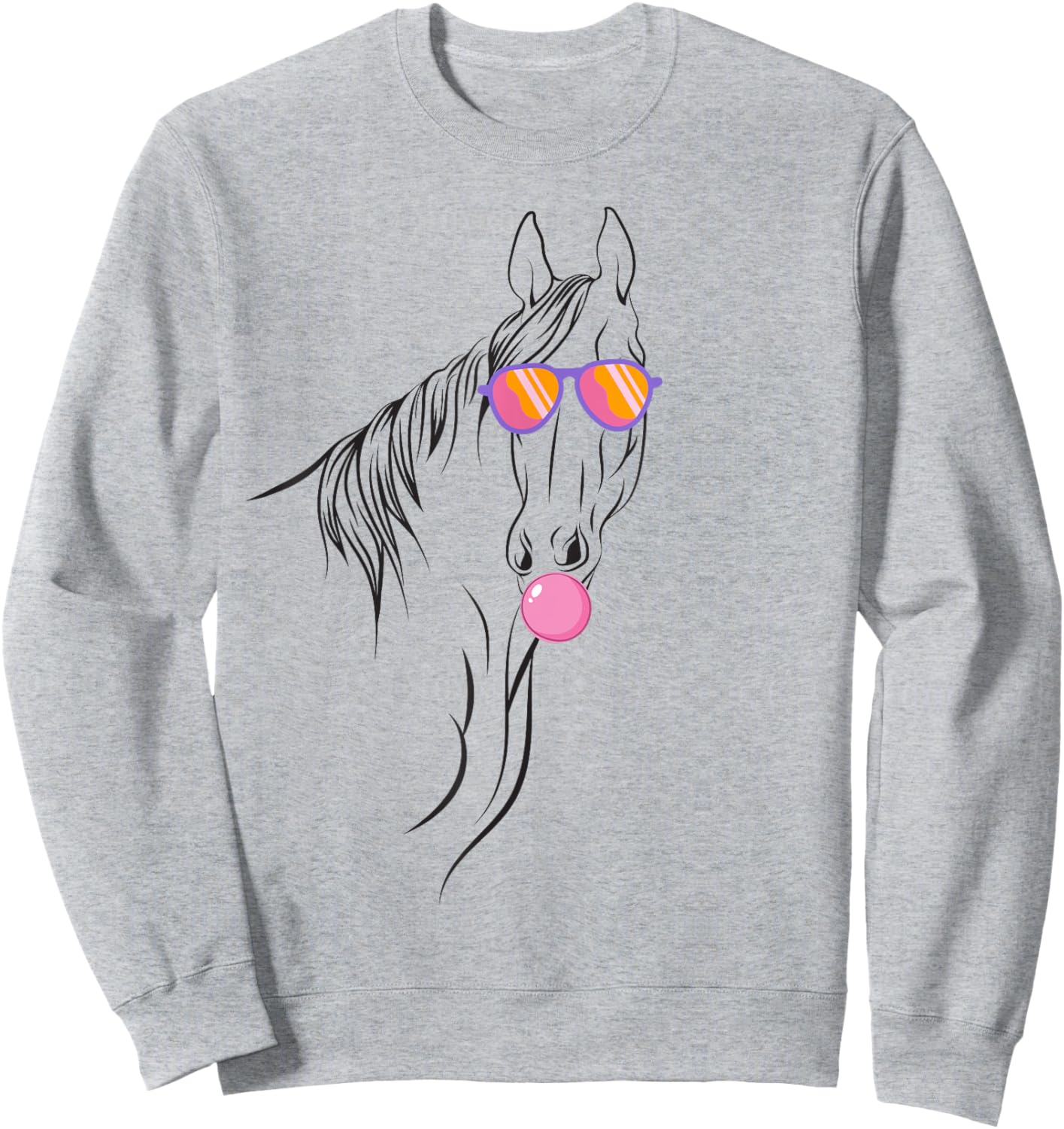 Horse with Bubble Gum and Sunglasses Funny Animal Portrait Sweatshirt - Sweatshirt | Ash