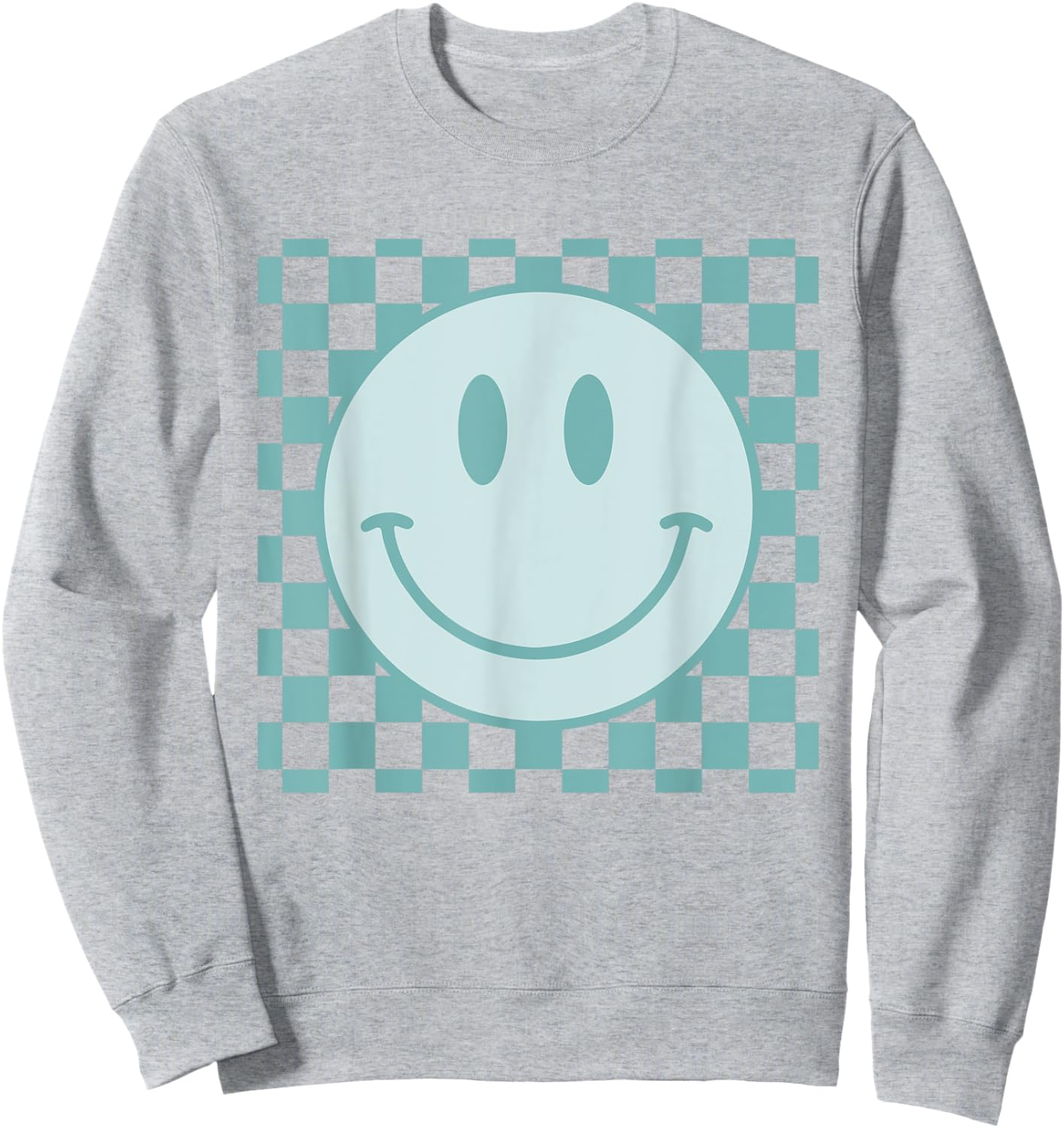 Retro Happy Face Checkered Pattern Smile Face Trendy Sweatshirt - Sweatshirt | Ash