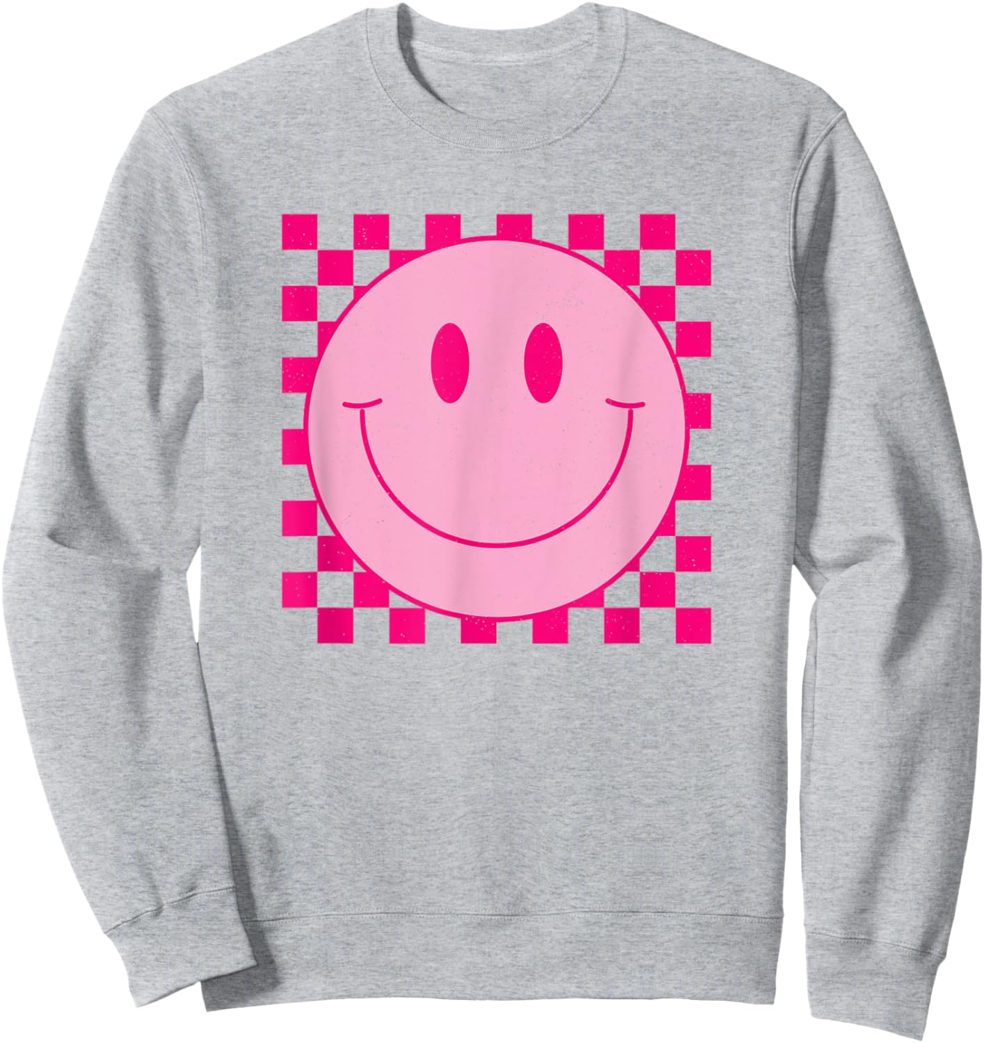 Vintage Pink Smile Face Cute Checkered Smiling Happy Face Sweatshirt - Sweatshirt | Ash