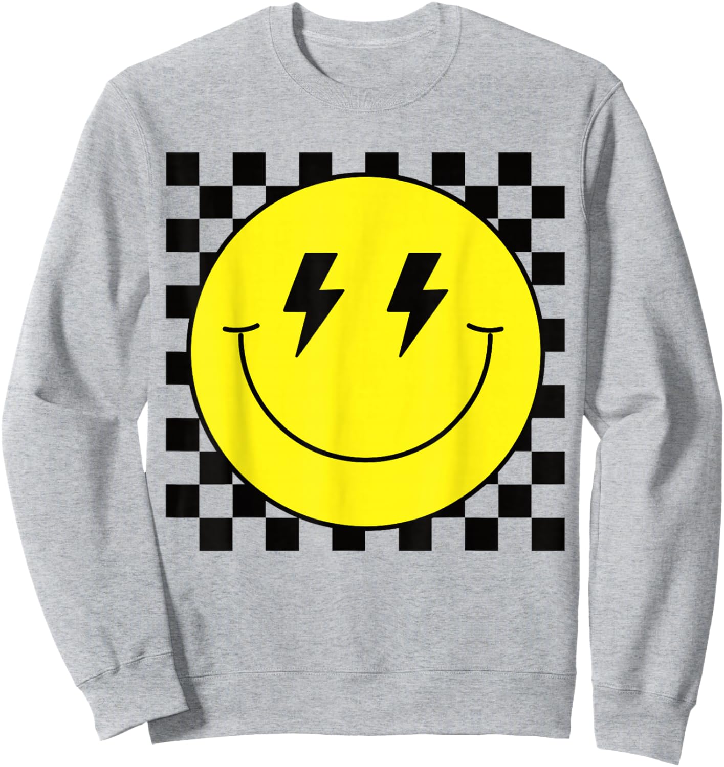 Checkered Lightning Eyes Yellow Smile Face Shirt Happy Face Sweatshirt - Sweatshirt | Ash