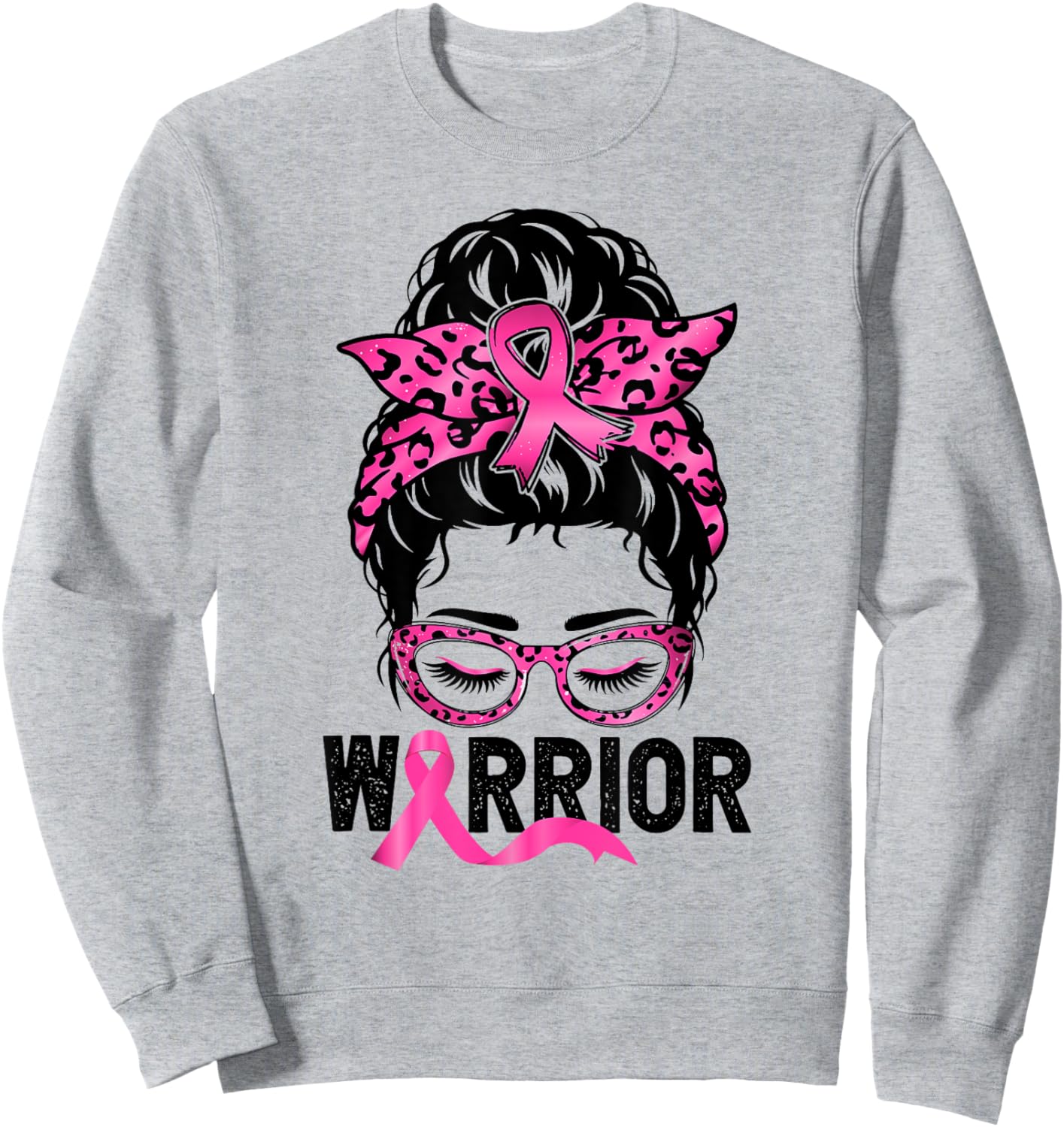 Messy Bun Wear Pink Warrior Breast Cancer Awareness Sweatshirt - Sweatshirt | Ash