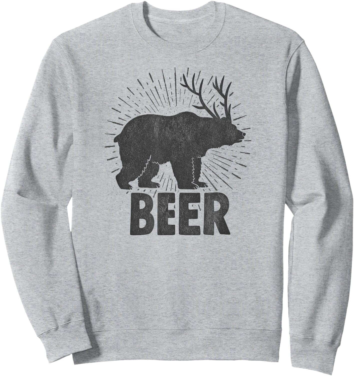Funny Beer Drinking Design Bear, Deer Combination Distressed Sweatshirt - Sweatshirt | Ash