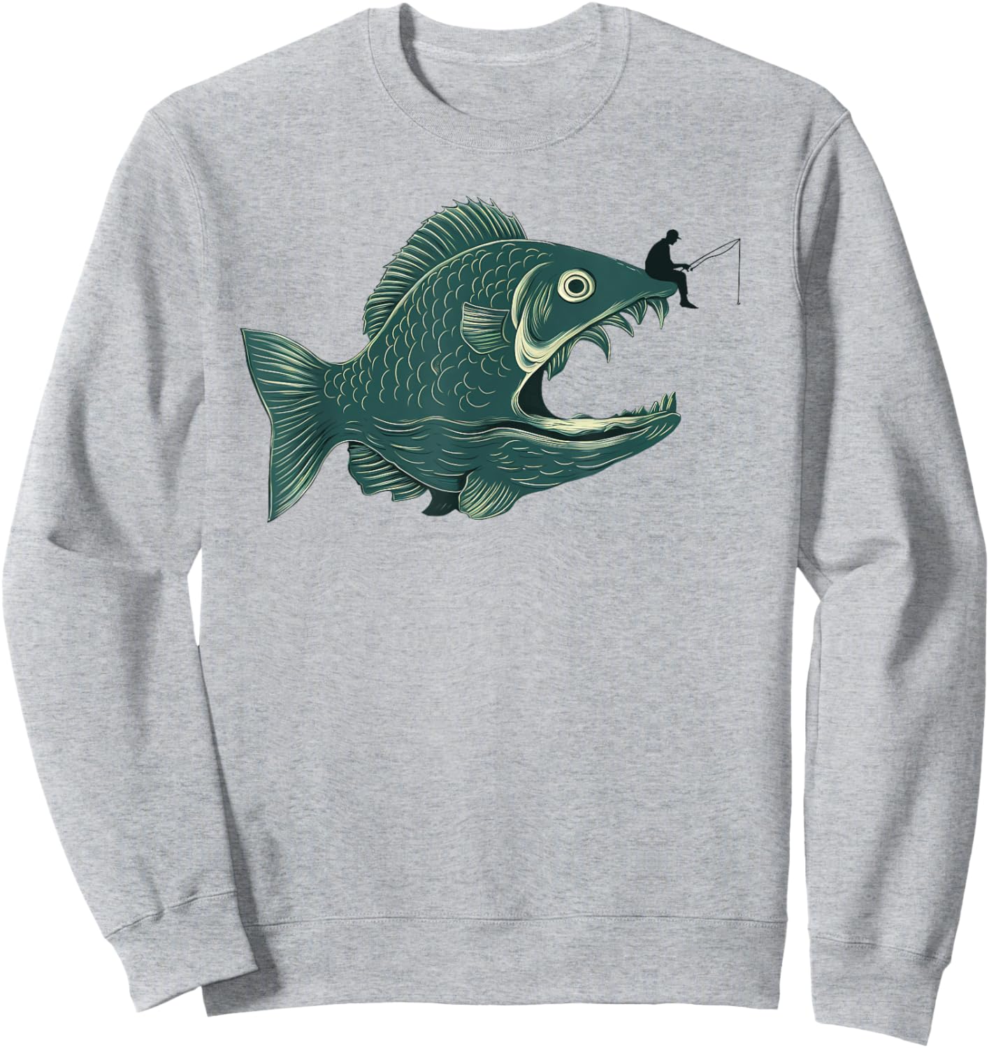 Funny Fishing Big Funny Fish with Fisherman Fishing Sweatshirt - Sweatshirt | Ash