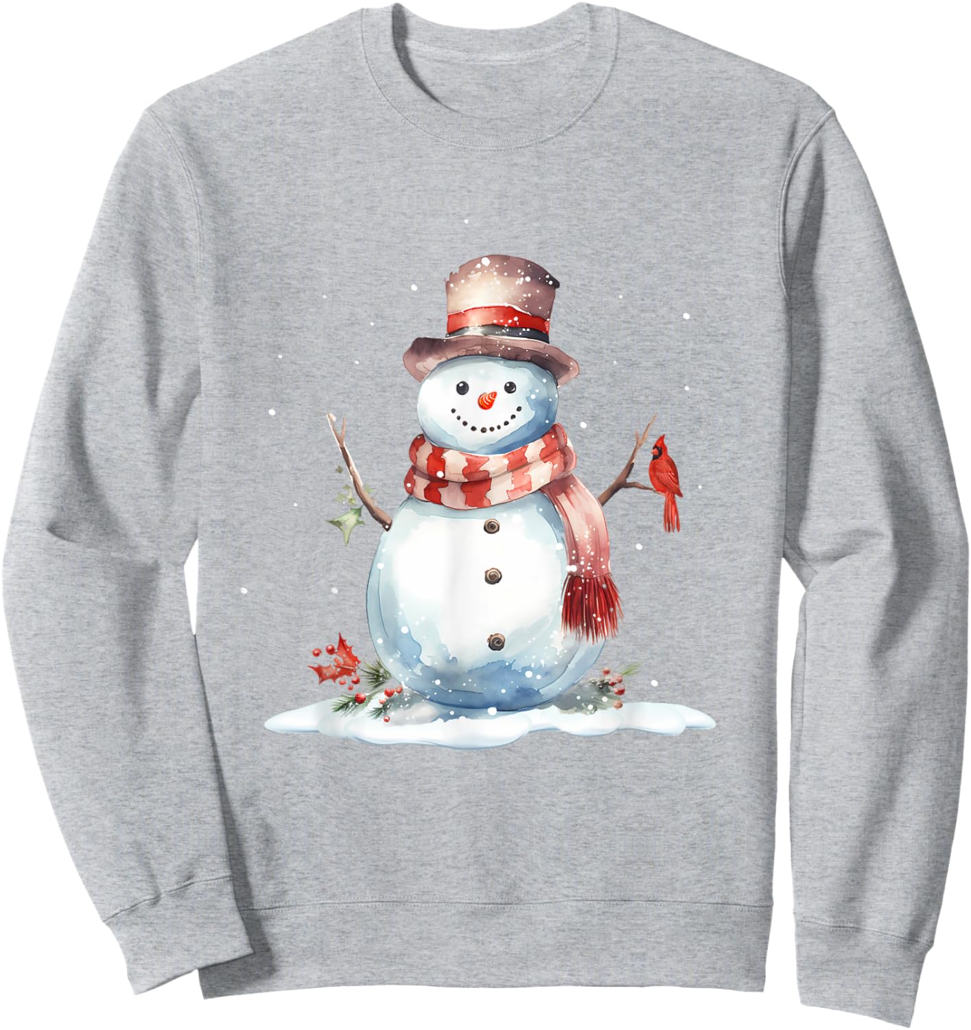 Cardinal Bird on Cute Winter Christmas Snowman, watercolor Sweatshirt - Sweatshirt | Ash