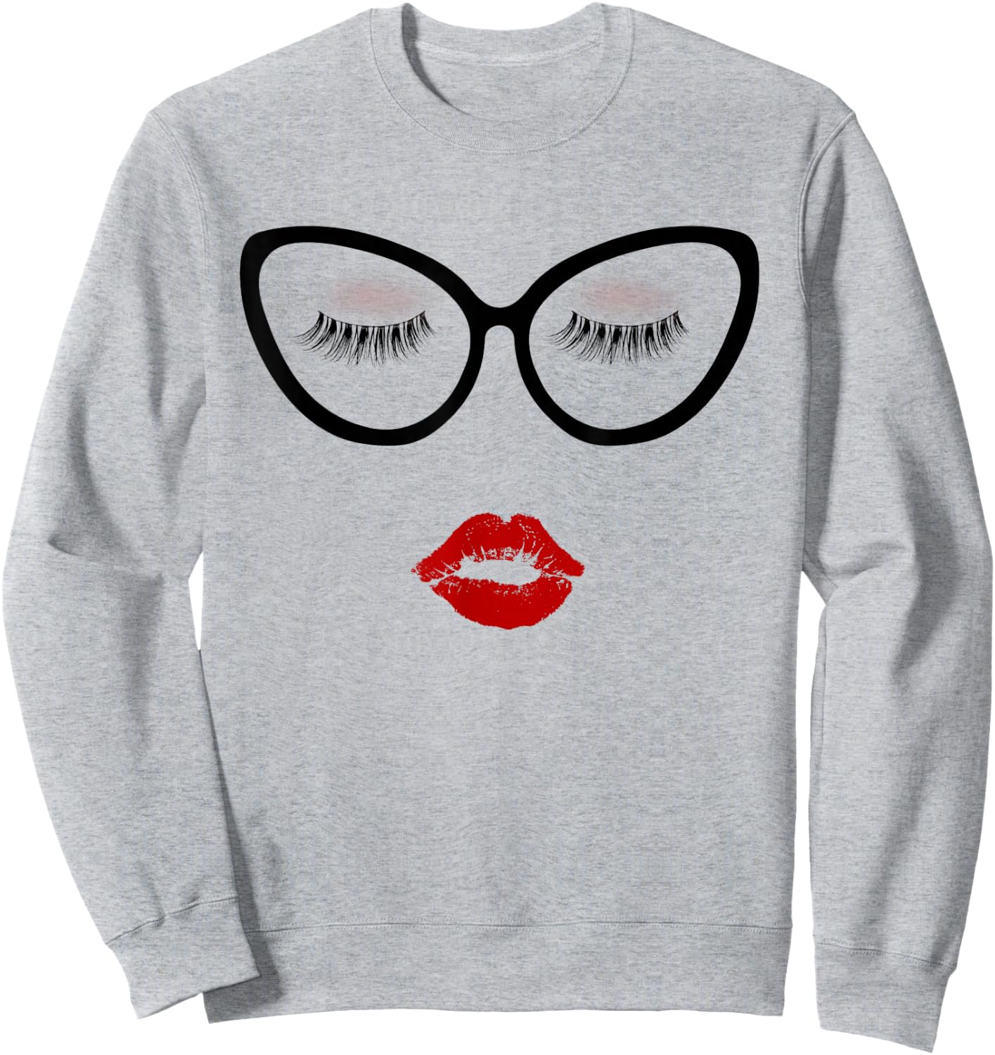 Ladies Eyelashes Black Glasses Red Pouty Full Lips Eyeshadow Sweatshirt - Sweatshirt | Ash