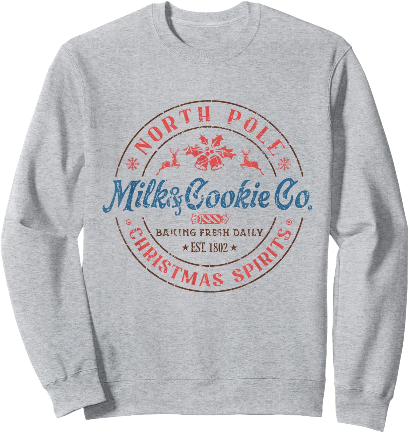 North Pole Milk and Cookie Co Funny Holiday Christmas Sweatshirt - Sweatshirt | Ash