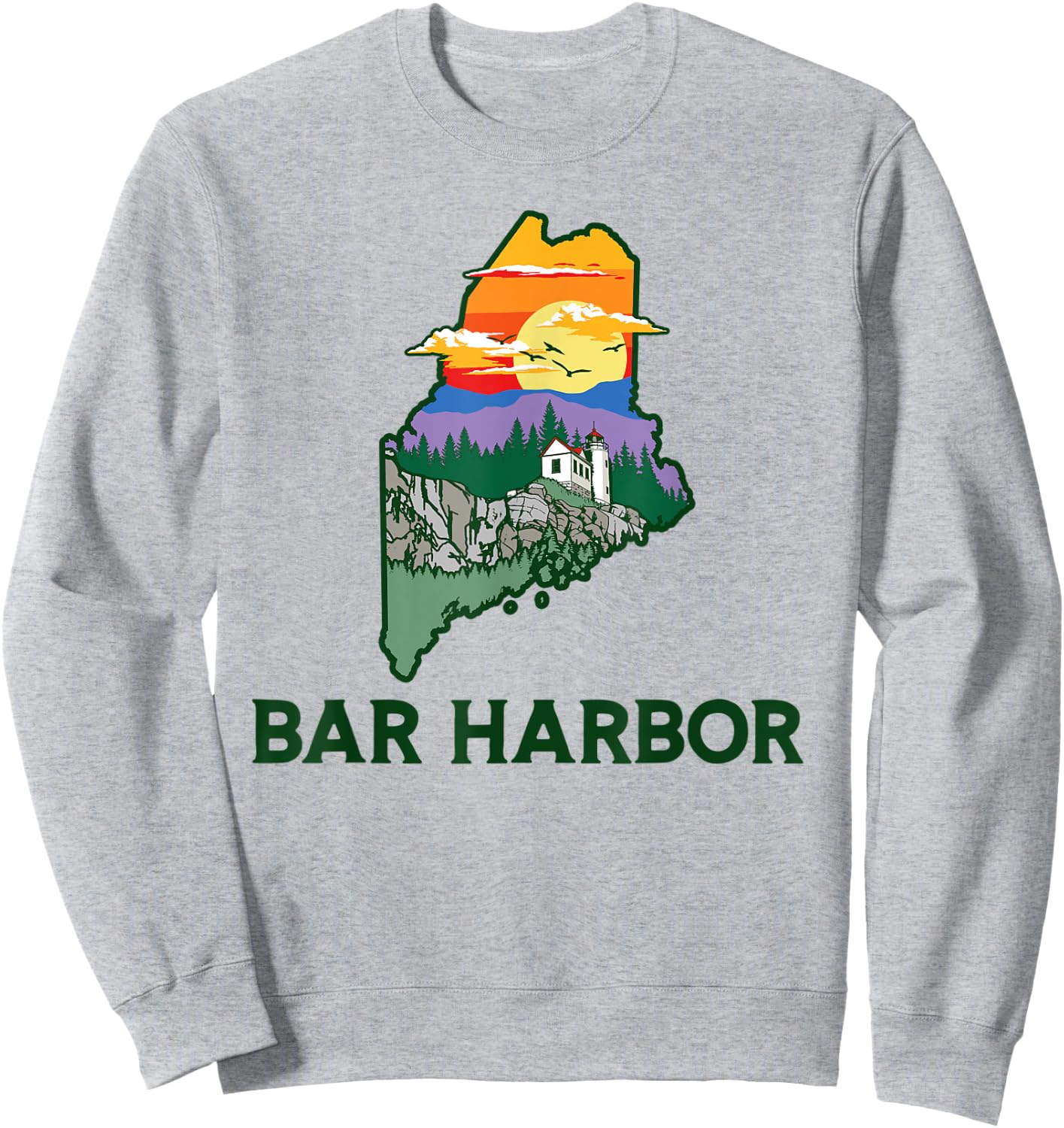 Retro Bar Harbor Maine Nature & Outside Illustrated Graphic Sweatshirt - Sweatshirt | Ash