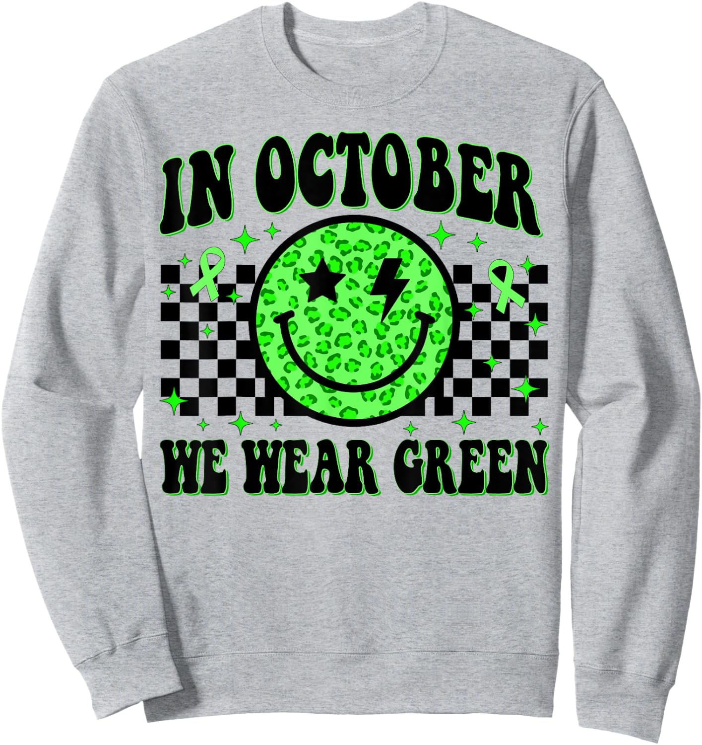 In October We Wear Green Ribon Smile Face Dwarfism Awareness Sweatshirt - Sweatshirt | Ash