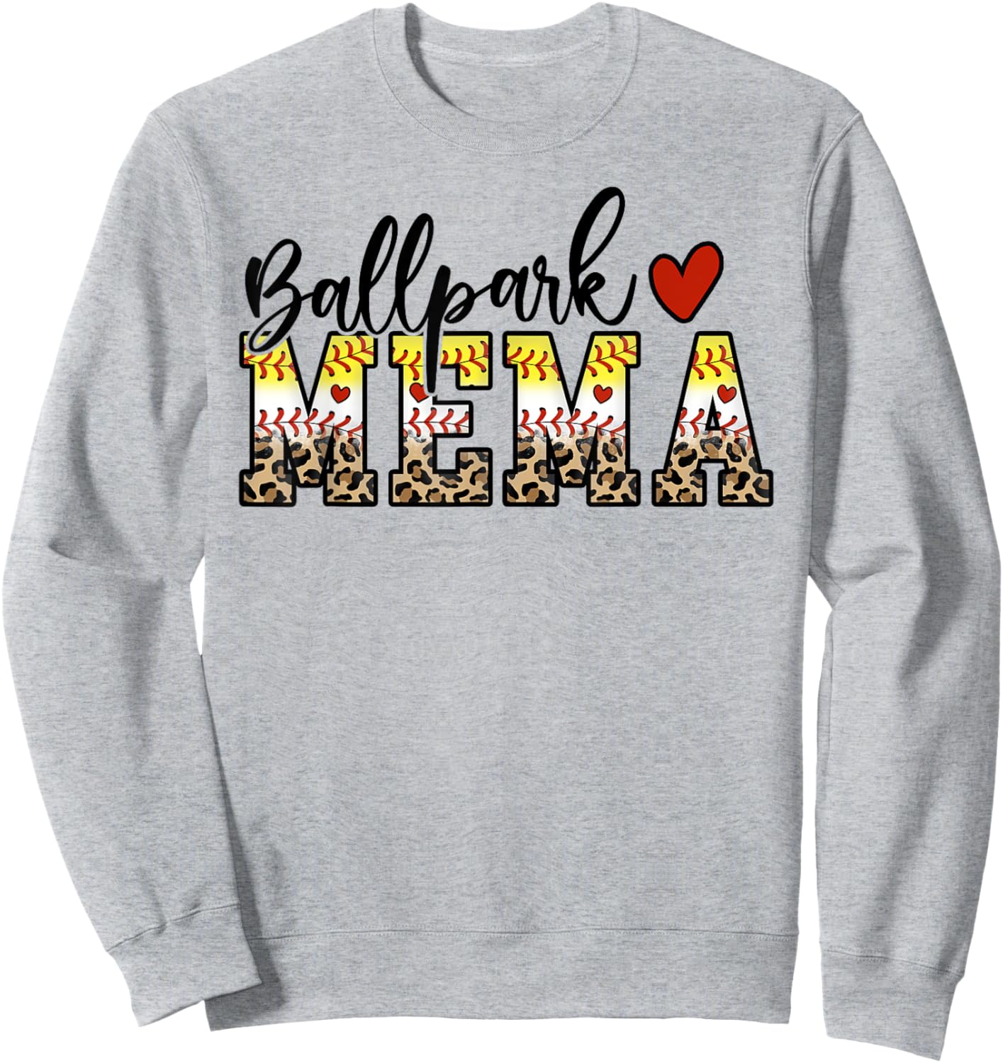 BallPark Mema Baseball Softball Mom Leopard Mother's Day Sweatshirt - Sweatshirt | Ash