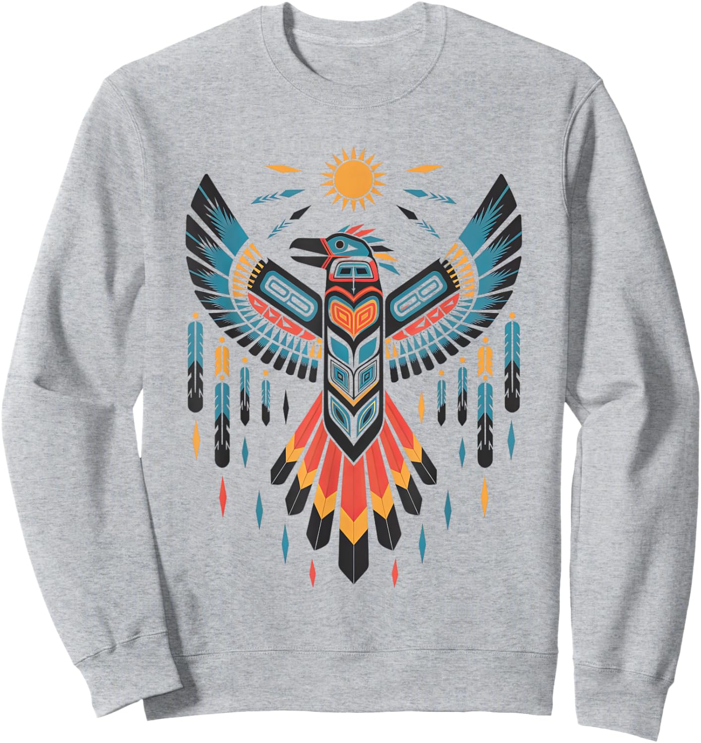North American Tribal Thunderbird Vibrant Geometric Design Sweatshirt - Sweatshirt | Ash
