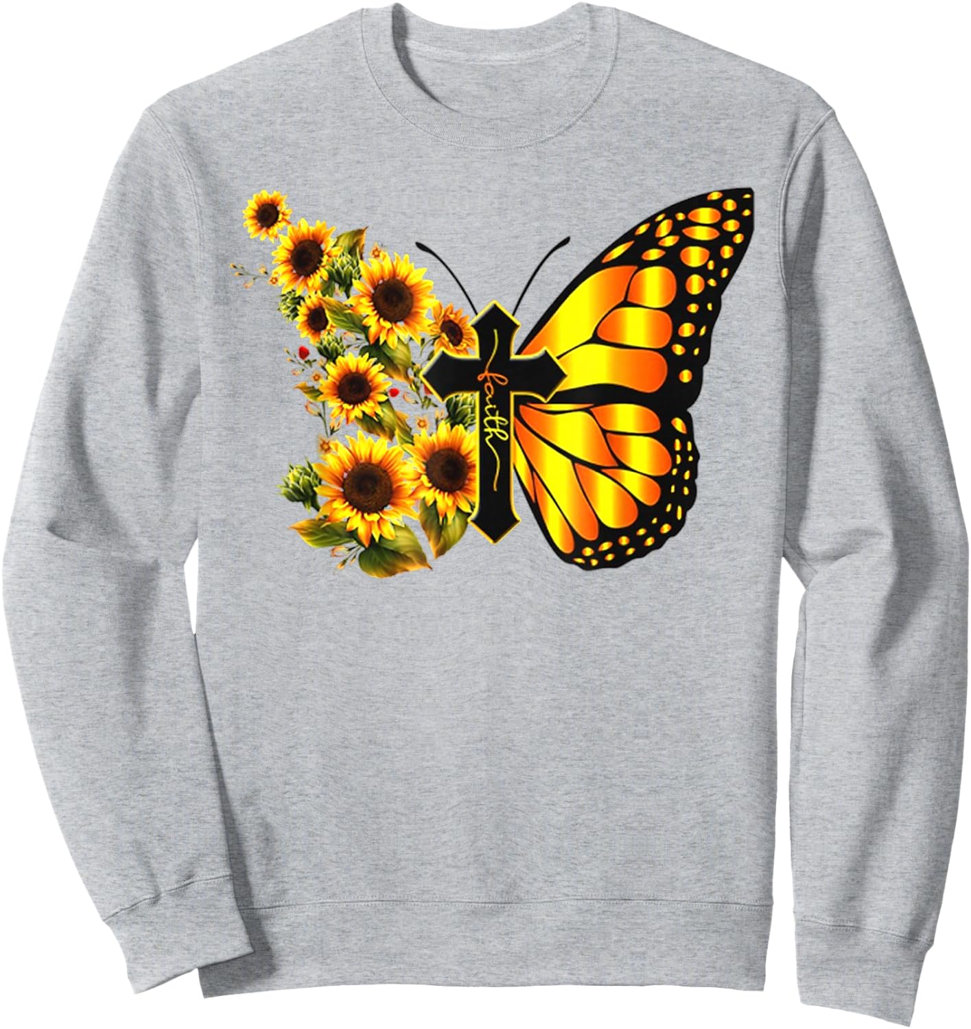 Vintage Faith Cross Sunflower Butterfly Christian Sweatshirt - Sweatshirt | Ash