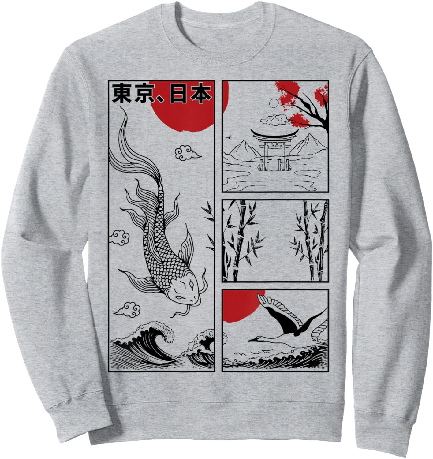 Japanese Koi Fish The Great Wave off Kanagawa Kanji Japan Sweatshirt - Sweatshirt | Ash