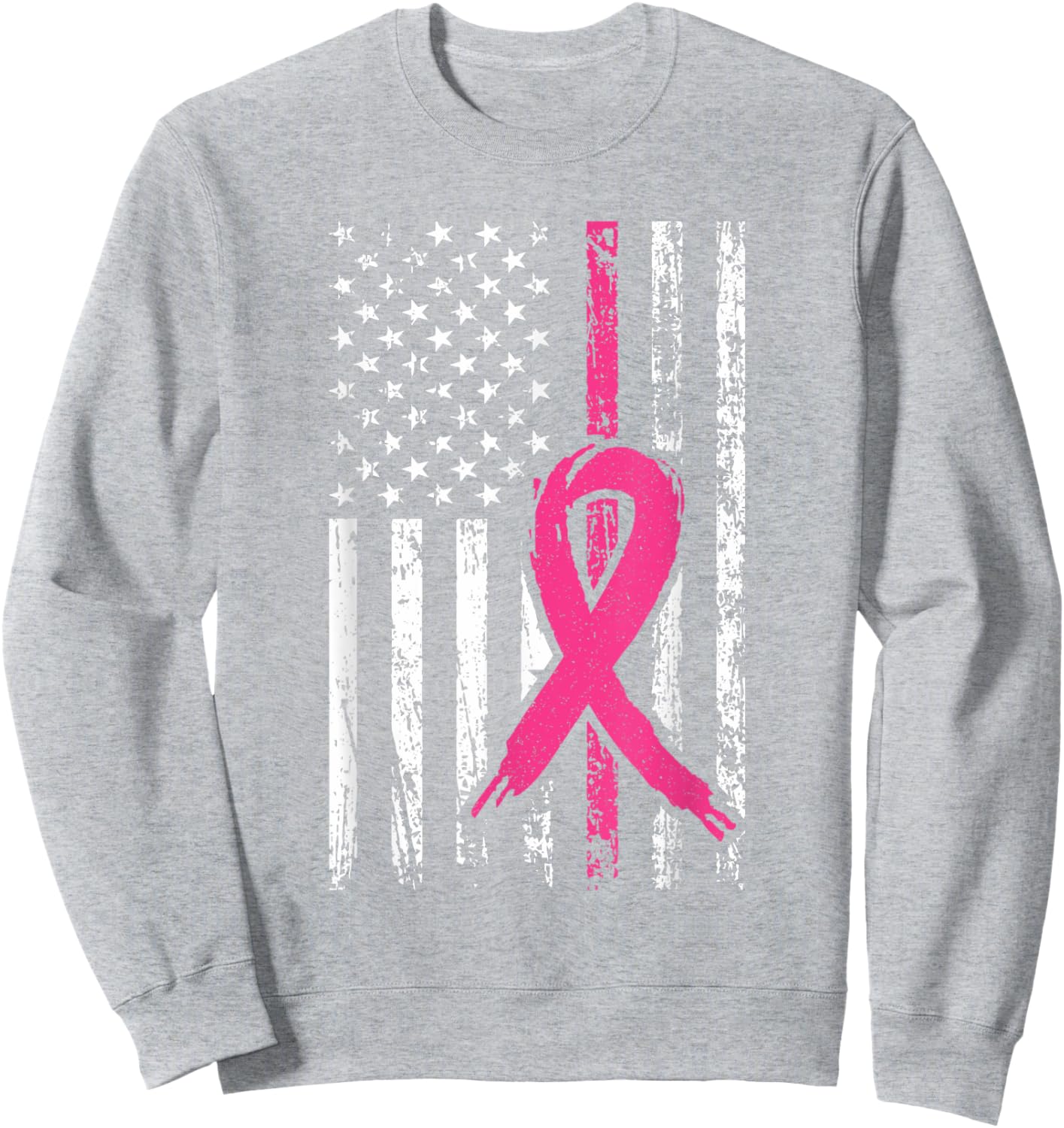 Pink Ribbon Retro USA American Flag Breast Cancer Awareness Sweatshirt - Sweatshirt | Ash