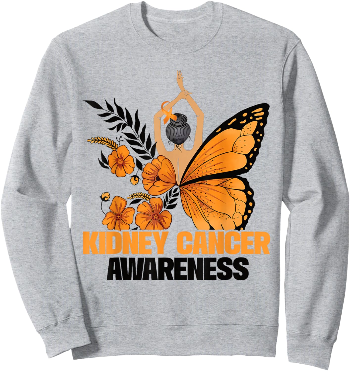 Kidney Cancer Awareness Butterfly Orange Ribbon Sweatshirt - Sweatshirt | Ash