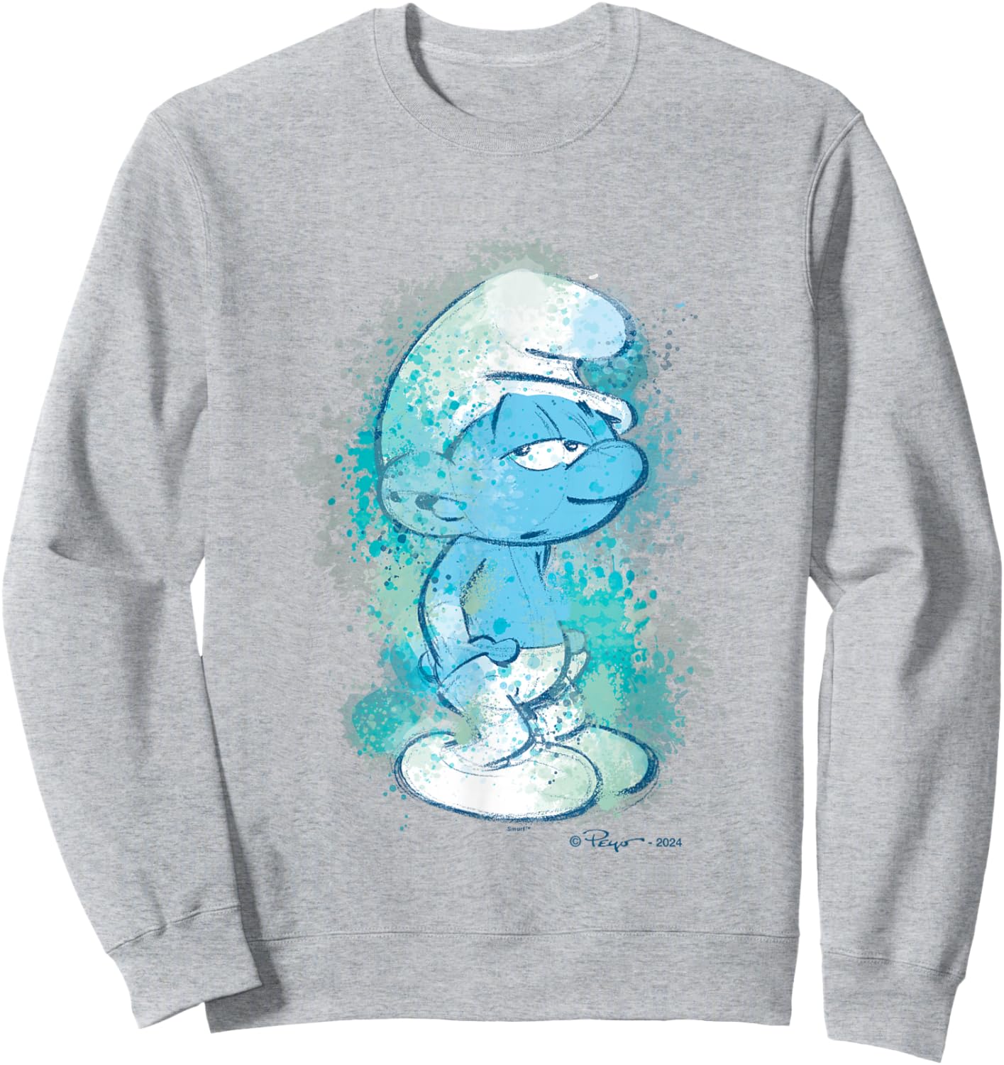 The Smurfs Lazy Smurf Watercolor Portrait Distressed Sweatshirt - Sweatshirt | Ash