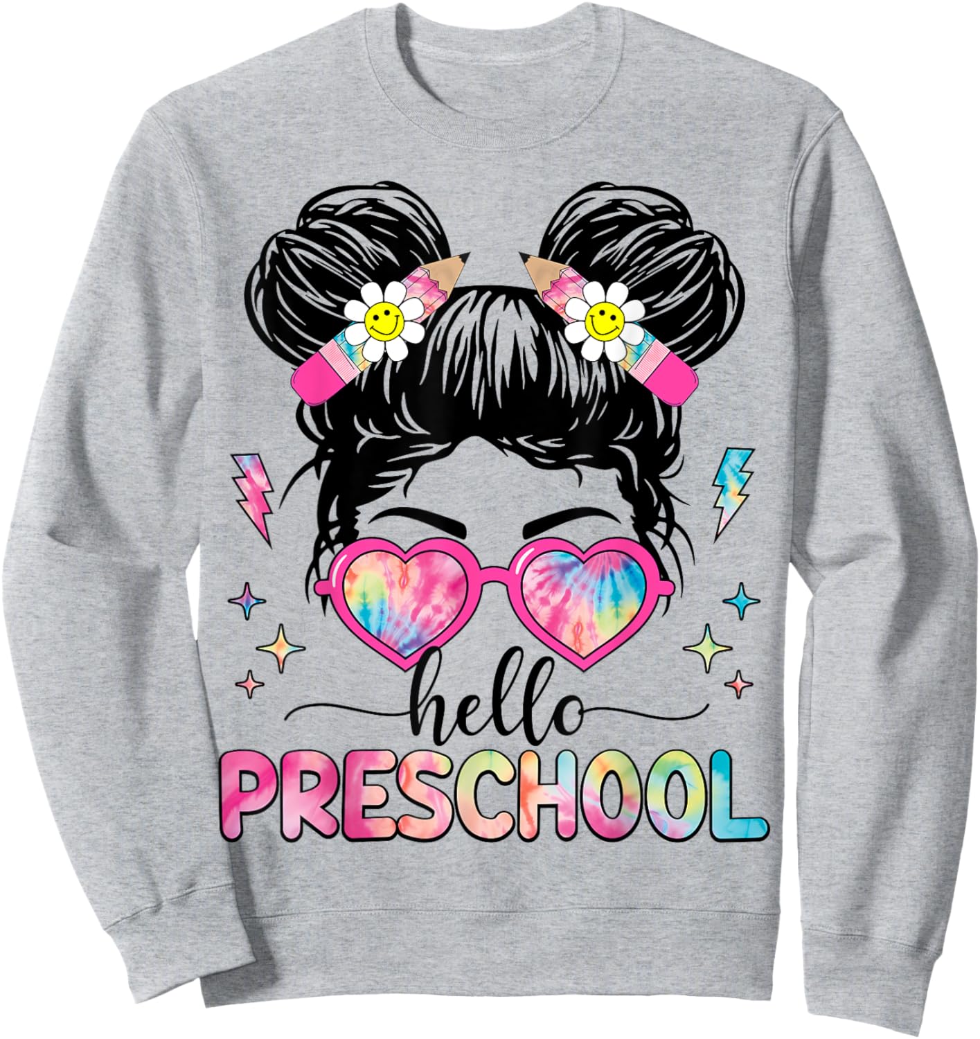 Hello Preschool Messy Bun Girl Back To School First Day Sweatshirt - Sweatshirt | Ash