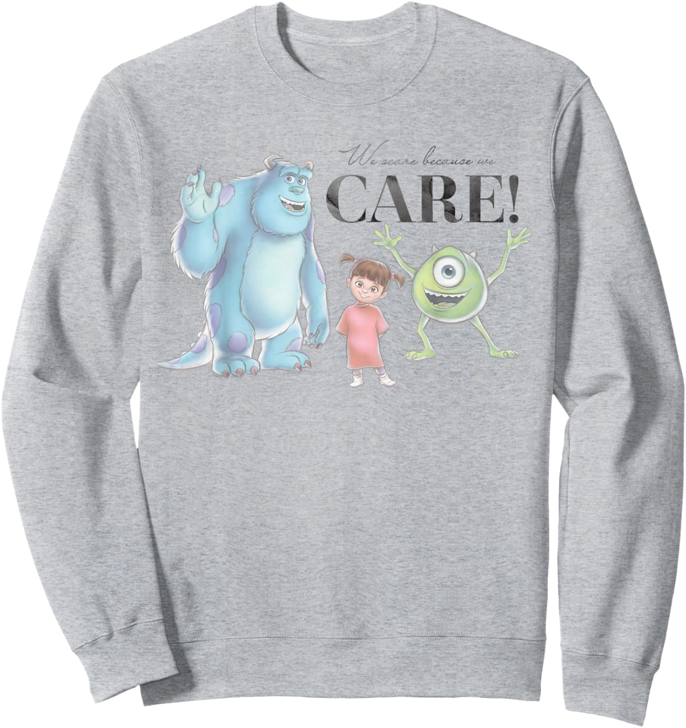Disney 100 and Pixar's Monsters Inc We Scare Because We Care Sweatshirt - Sweatshirt | Ash