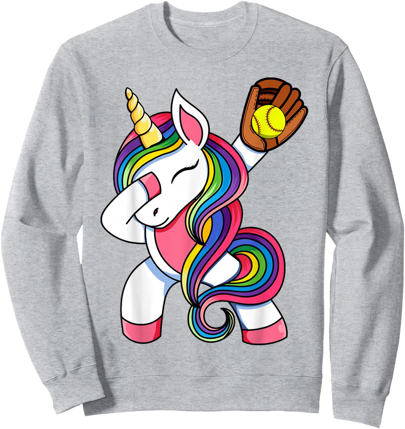 Girls Funny Dabbing Softball Unicorn Apparel, Youth Dab Sweatshirt - Sweatshirt | Ash