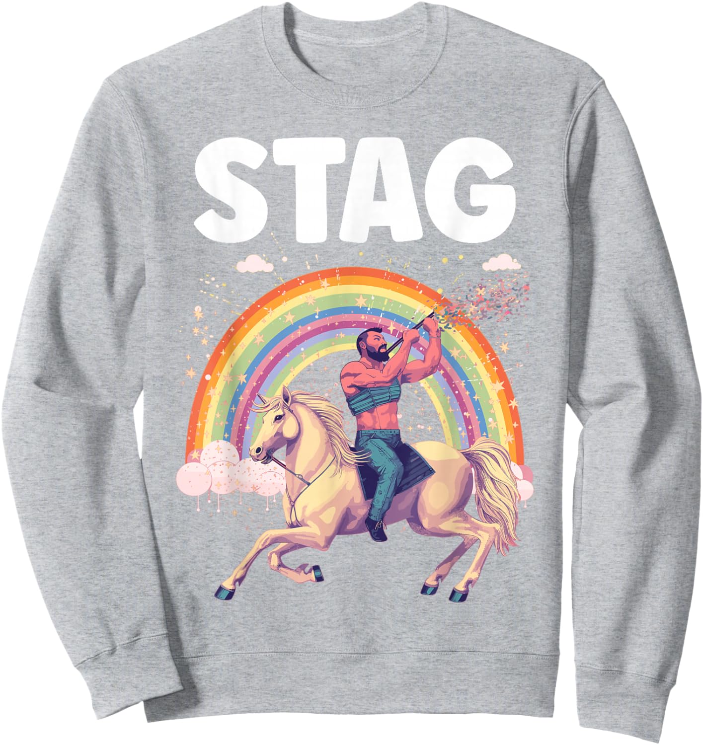Funny Stag Do Pink Rainbow Man Riding A Horse Stag Costume Sweatshirt - Sweatshirt | Ash